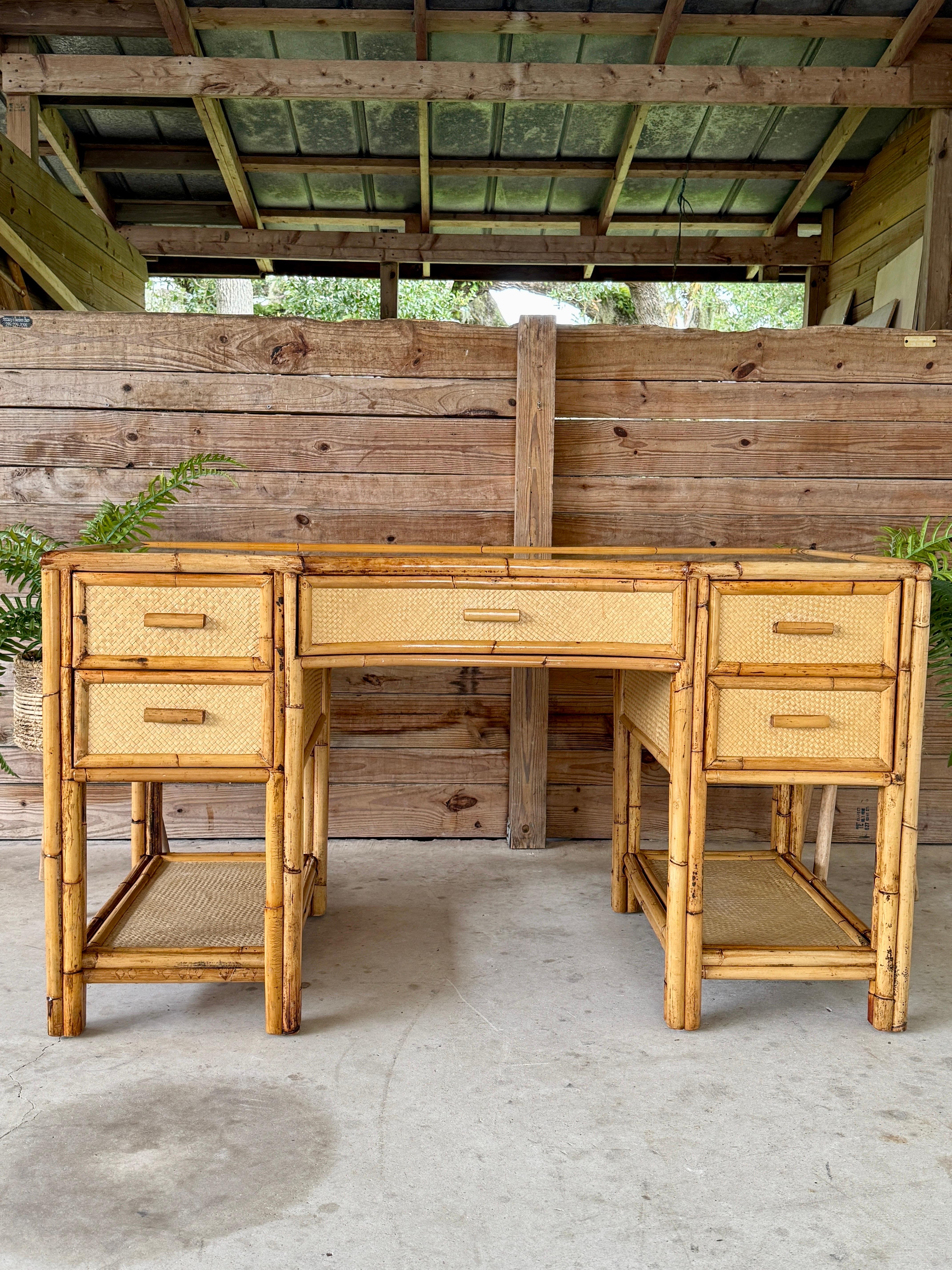 Mid-20th Century Refinished Coastal British Colonial Rattan Writing Desk For Sale 9