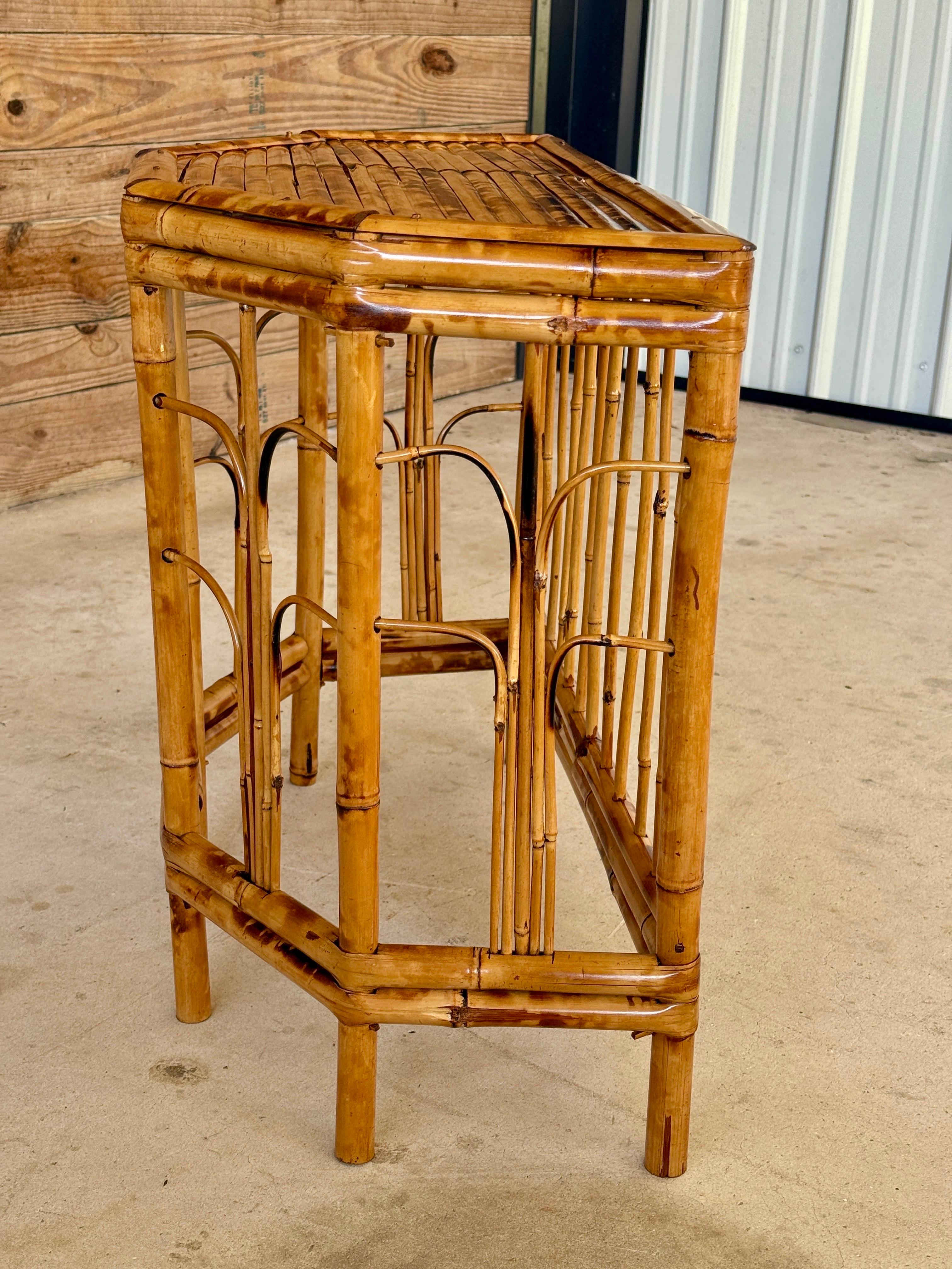 Mid-20th Century Refinished Coastal Burnt Bamboo Demi-Lune Table For Sale 6