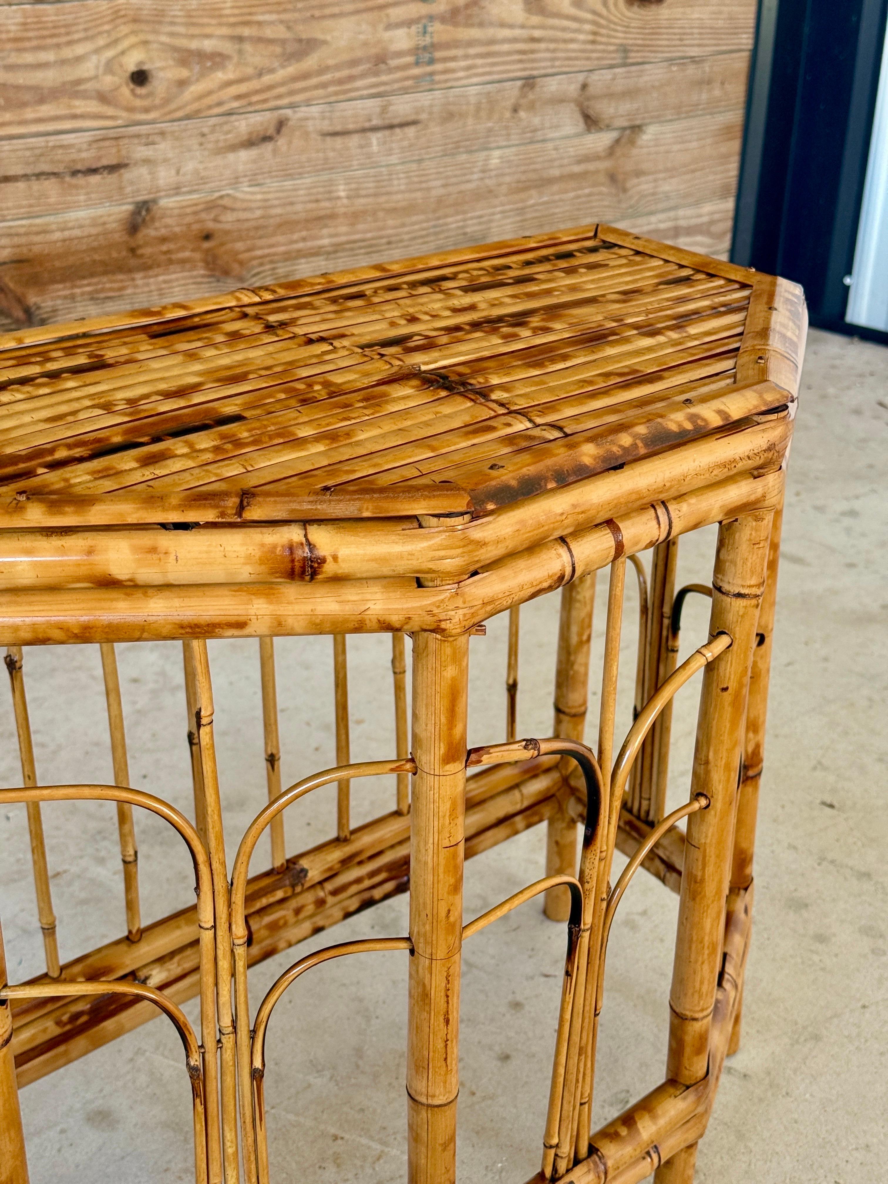 Mid-20th Century Refinished Coastal Burnt Bamboo Demi-Lune Table For Sale 8