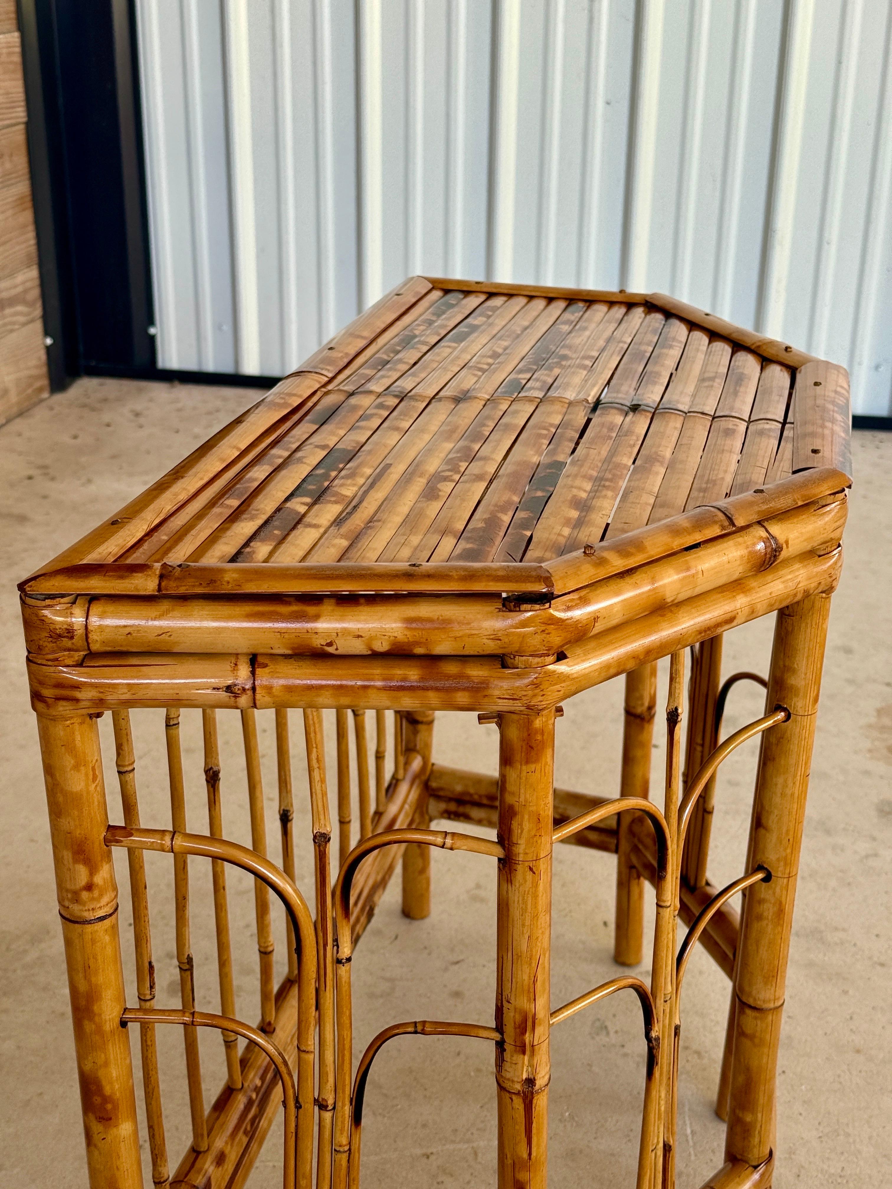 Mid-20th Century Refinished Coastal Burnt Bamboo Demi-Lune Table For Sale 10