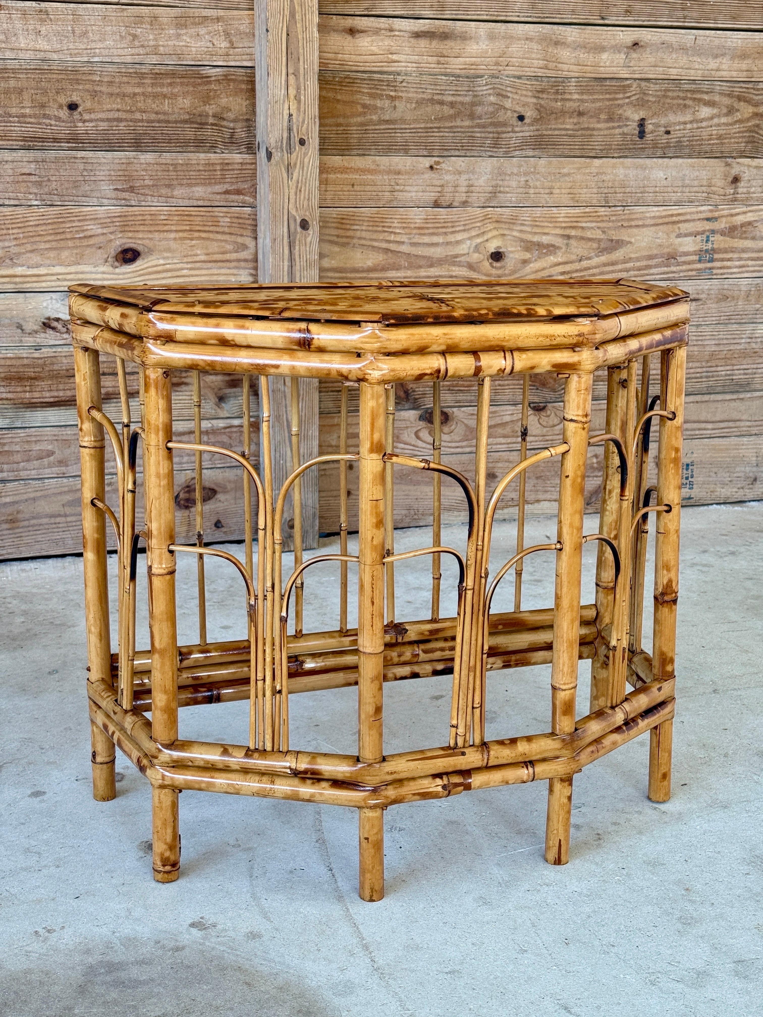 Organic Modern Mid-20th Century Refinished Coastal Burnt Bamboo Demi-Lune Table For Sale