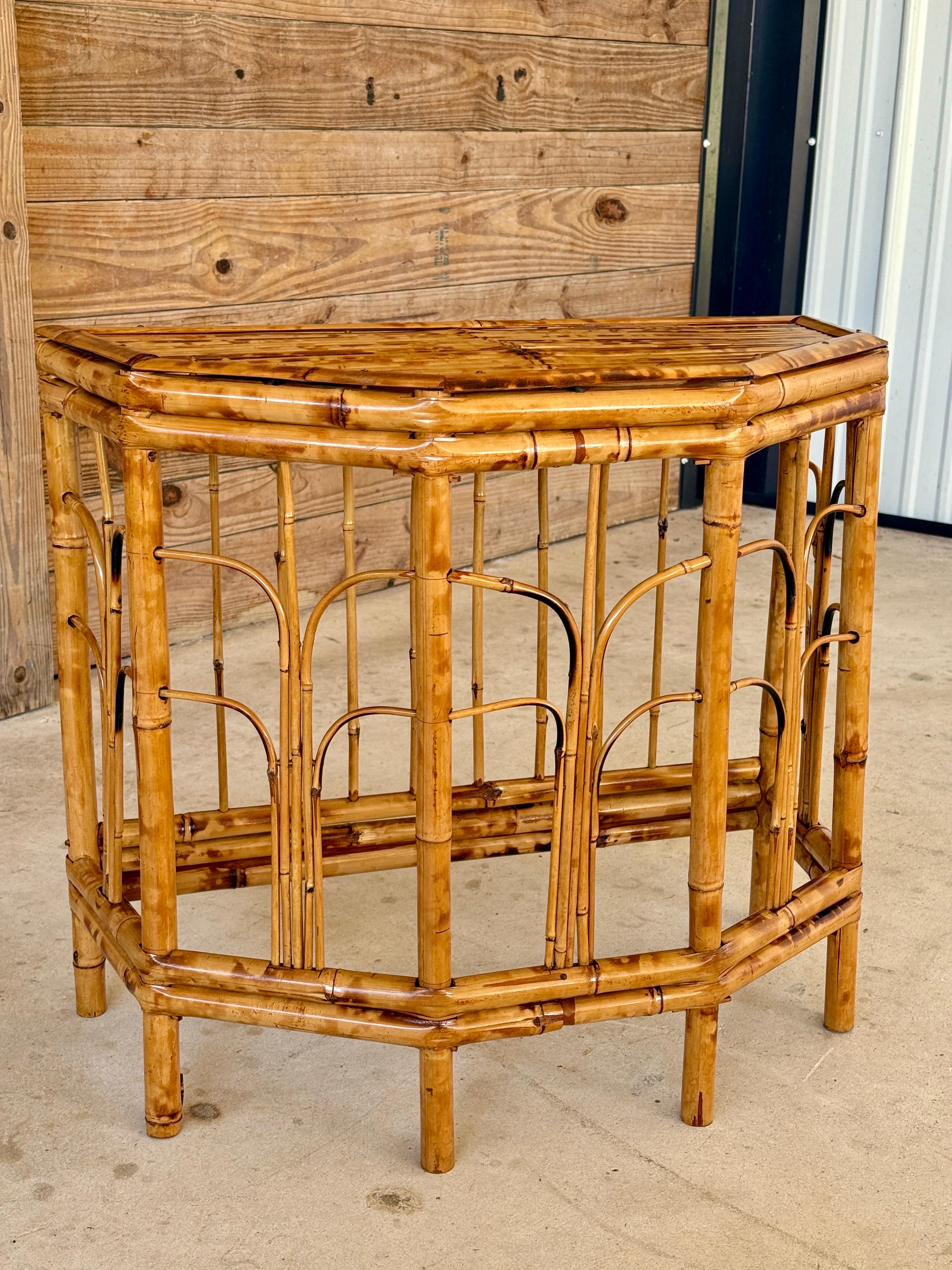 Hand-Crafted Mid-20th Century Refinished Coastal Burnt Bamboo Demi-Lune Table For Sale