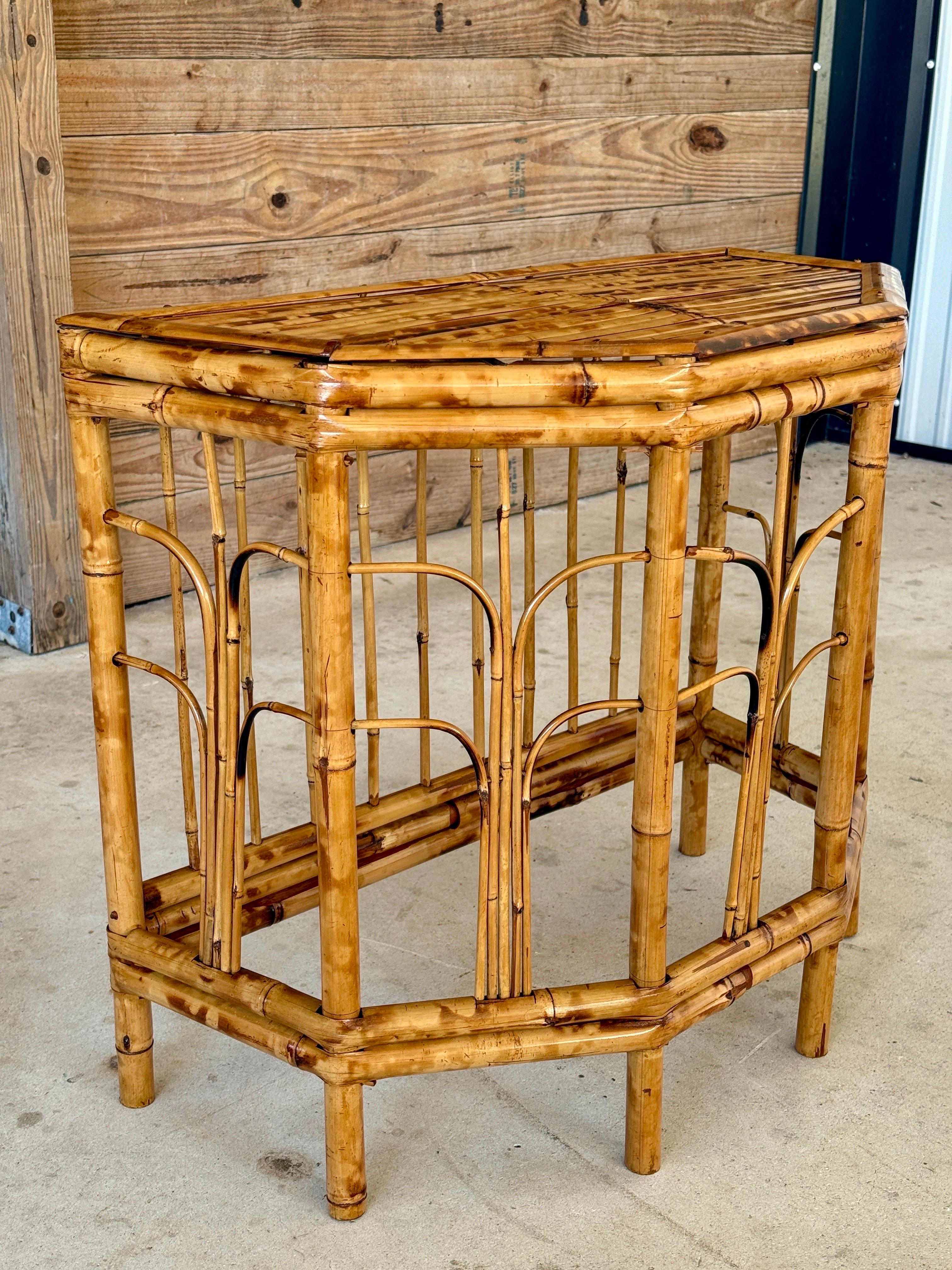 Mid-20th Century Refinished Coastal Burnt Bamboo Demi-Lune Table For Sale 2