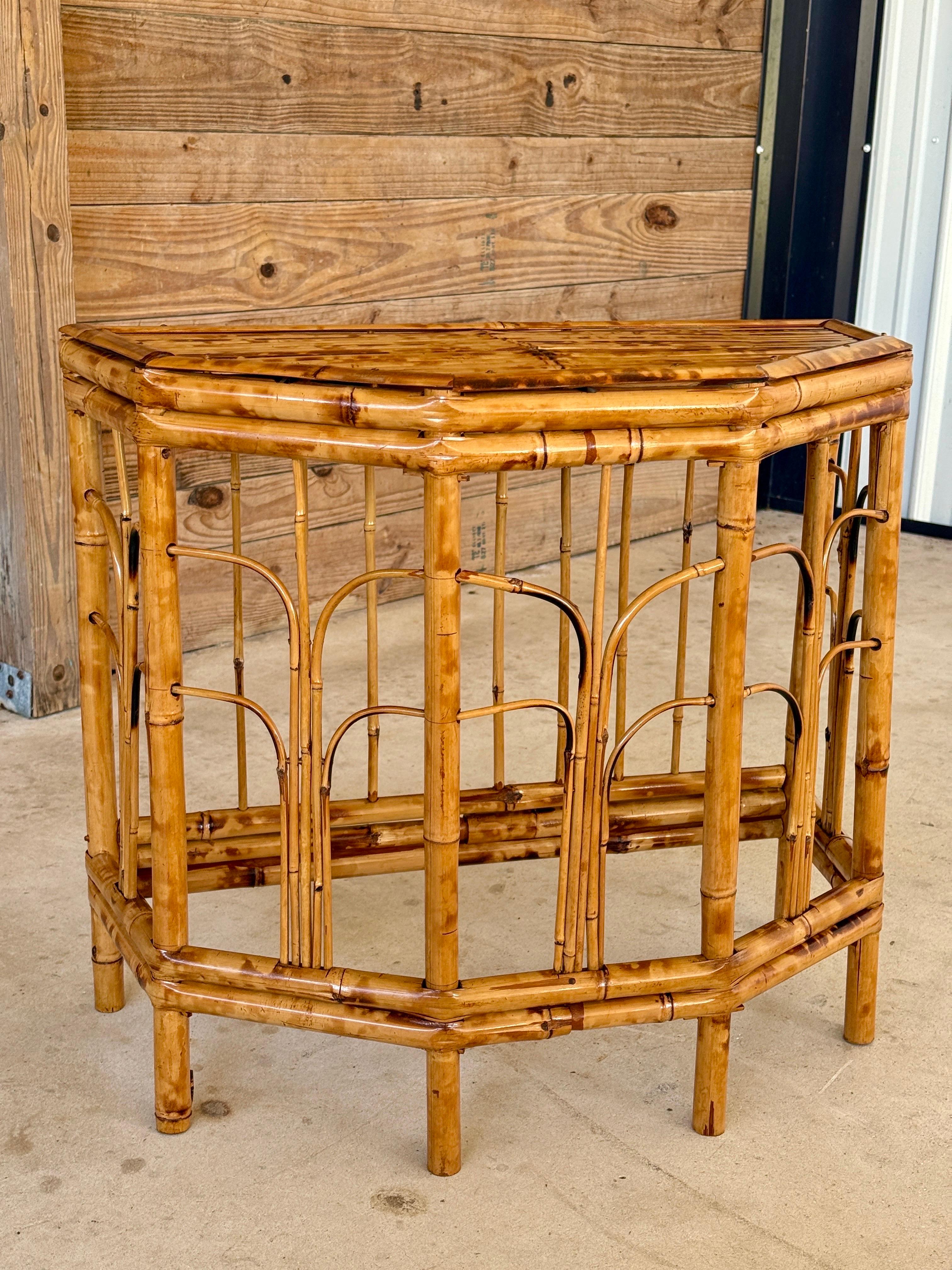 Mid-20th Century Refinished Coastal Burnt Bamboo Demi-Lune Table For Sale 3