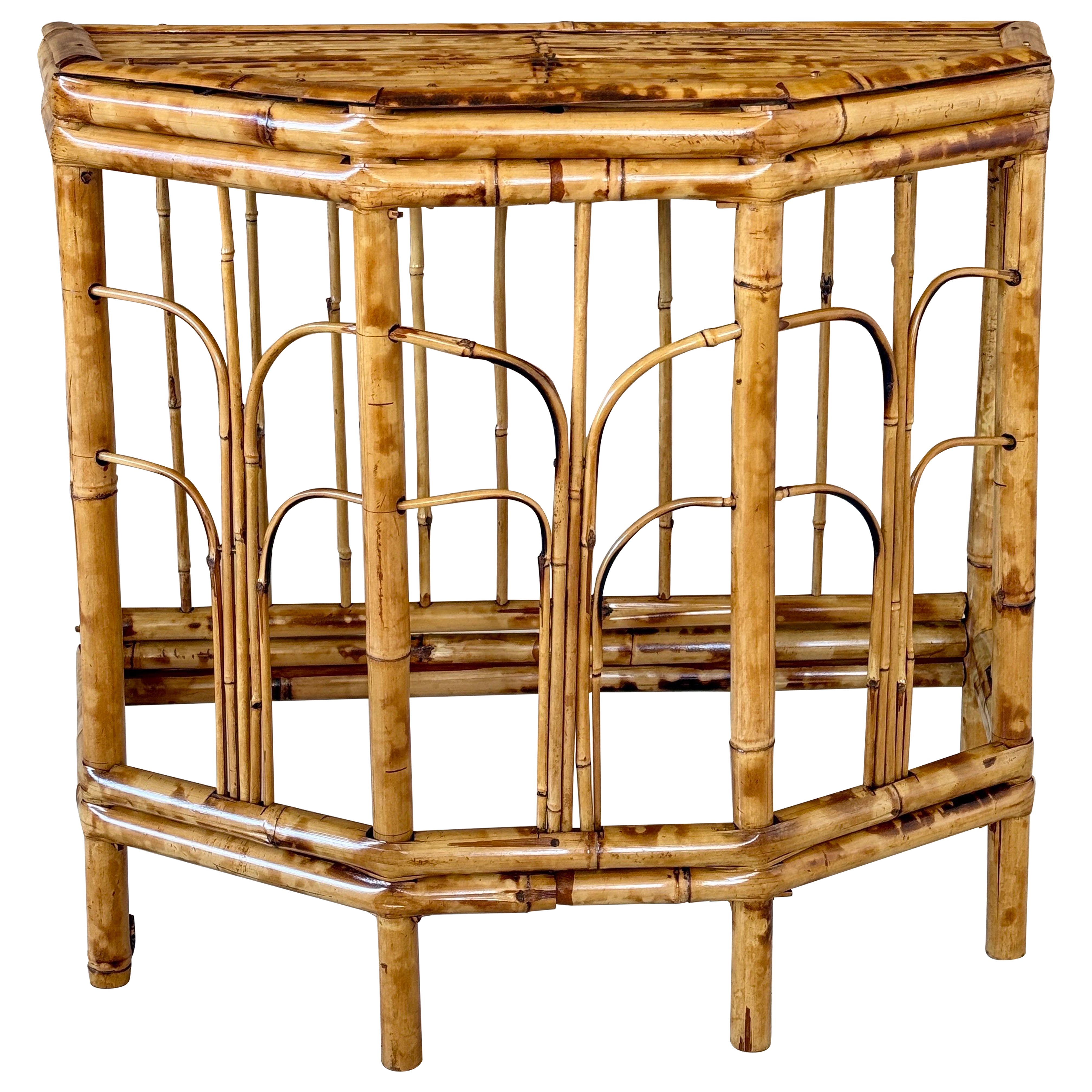 Mid-20th Century Refinished Coastal Burnt Bamboo Demi-Lune Table For Sale