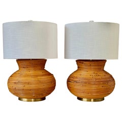 Mid-20th Century Refinished Organic Modern Rattan Coil Gourd Table Lamps With Br