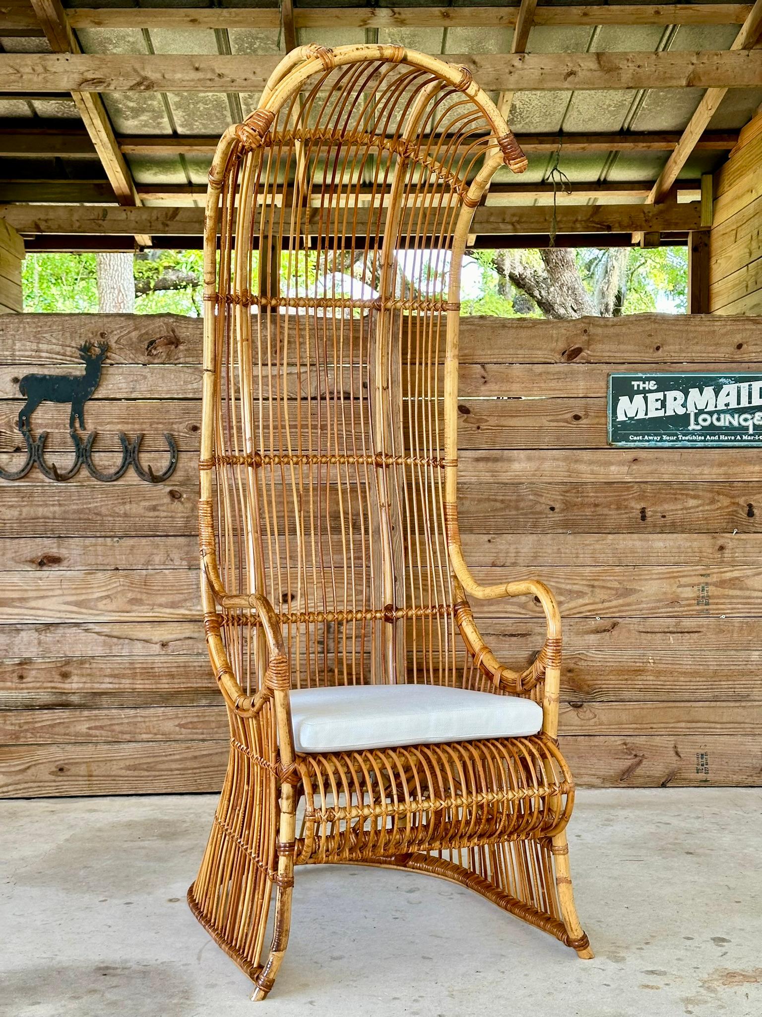 Bohemian Mid-20th Century Refinished Restored Bent Rattan Canopy Arm side Chair