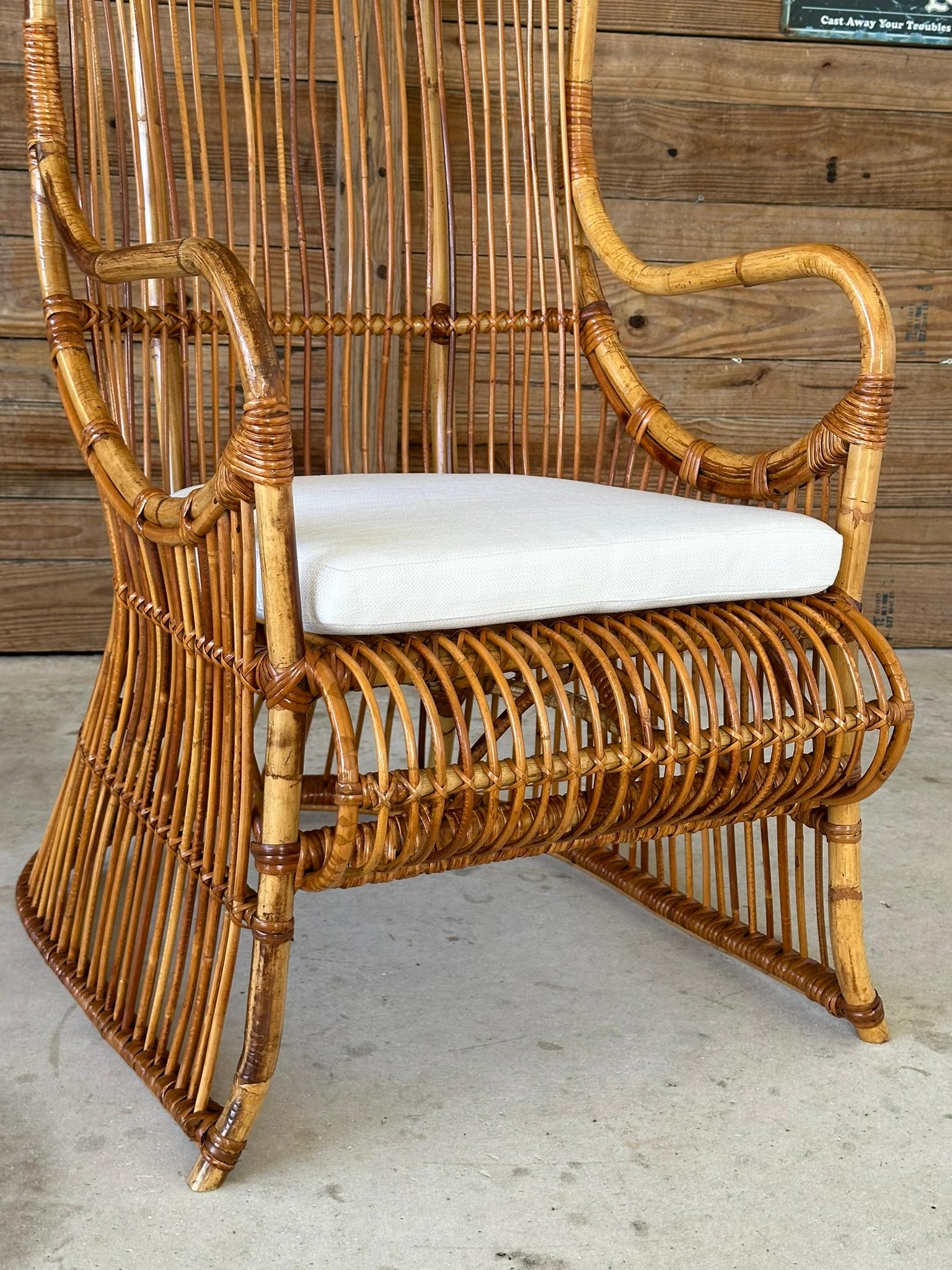 Italian Mid-20th Century Refinished Restored Bent Rattan Canopy Arm side Chair