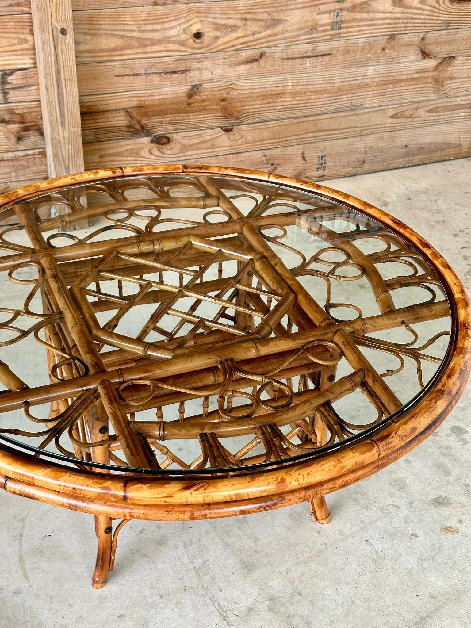 Mid-20th century Refinished Restored Scorched Bamboo Coffee Table 7