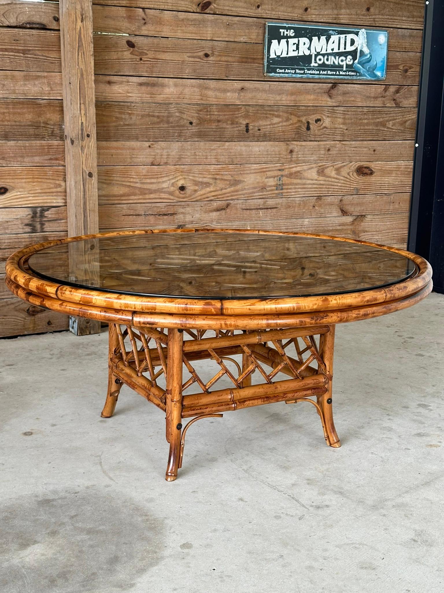 Mid-20th century Refinished Restored Scorched Bamboo Coffee Table 8