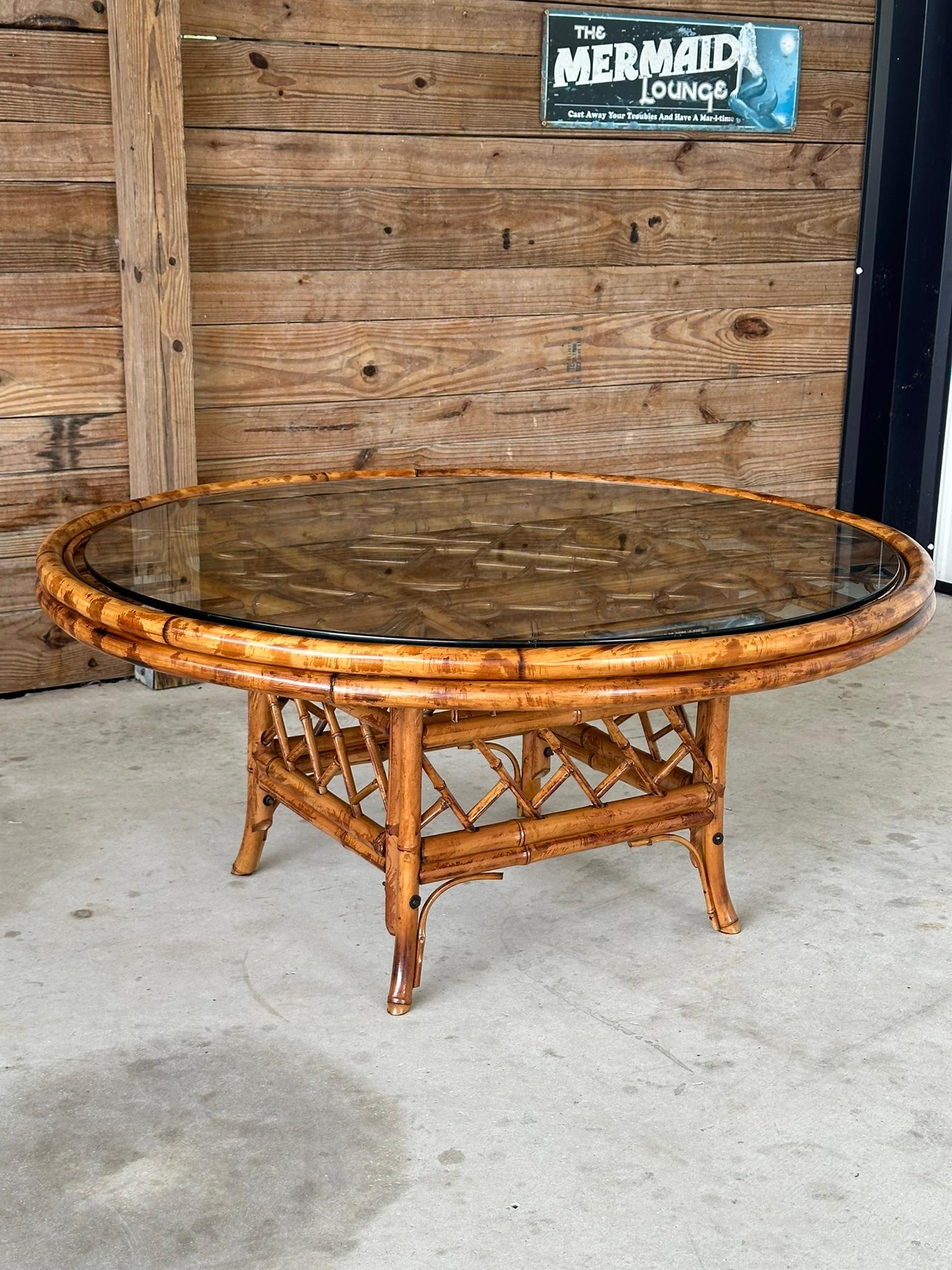 Mid-20th century Refinished Restored Scorched Bamboo Coffee Table 9