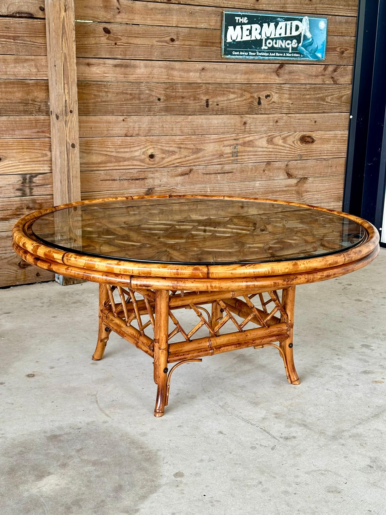 Mid-20th century Refinished Restored Scorched Bamboo Coffee Table 10