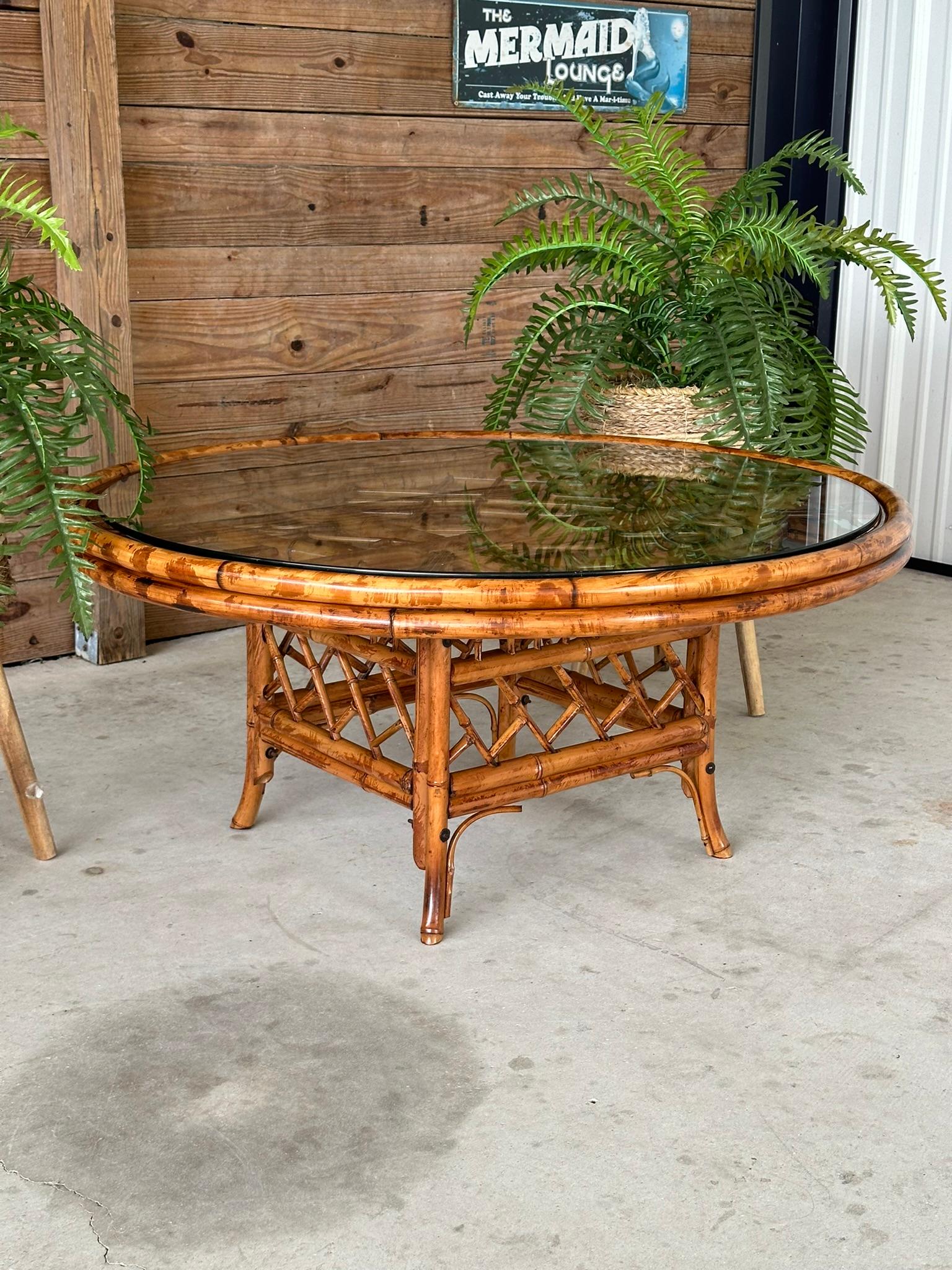 Mid-20th century Refinished Restored Scorched Bamboo Coffee Table 11