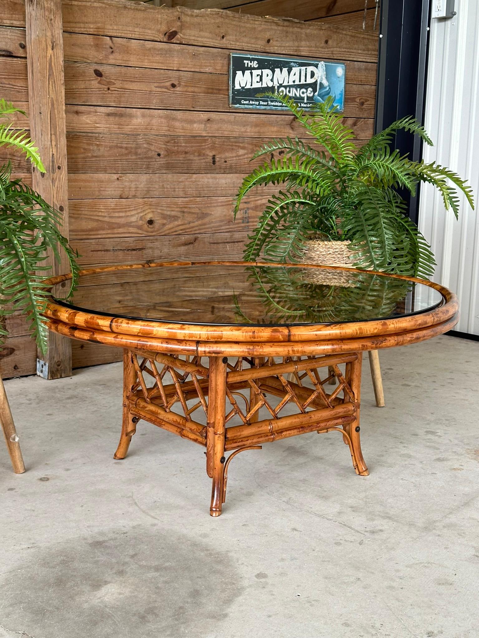 Mid-20th century Refinished Restored Scorched Bamboo Coffee Table 12