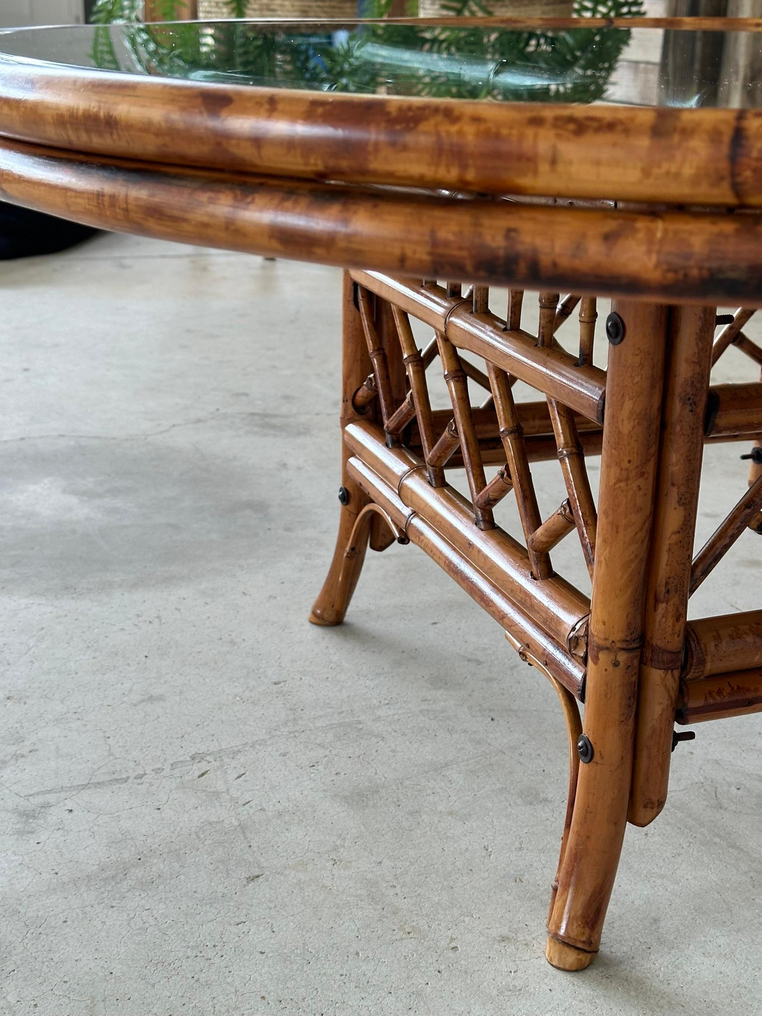 Hand-Crafted Mid-20th century Refinished Restored Scorched Bamboo Coffee Table
