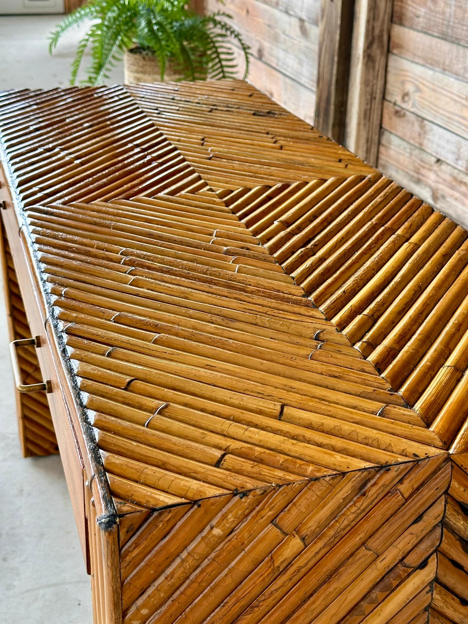 Mid-20th Century Refinished Split Rattan Chevron Two Drawer Floating Vanity For Sale 4
