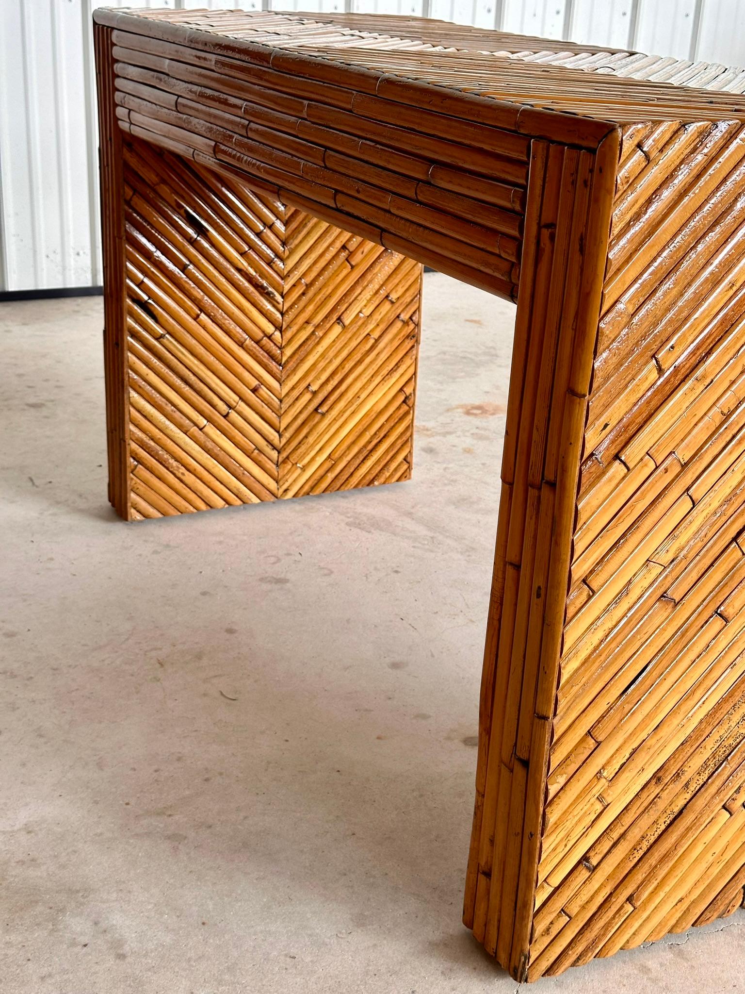 Mid-20th Century Refinished Split Rattan Chevron Two Drawer Floating Vanity For Sale 5
