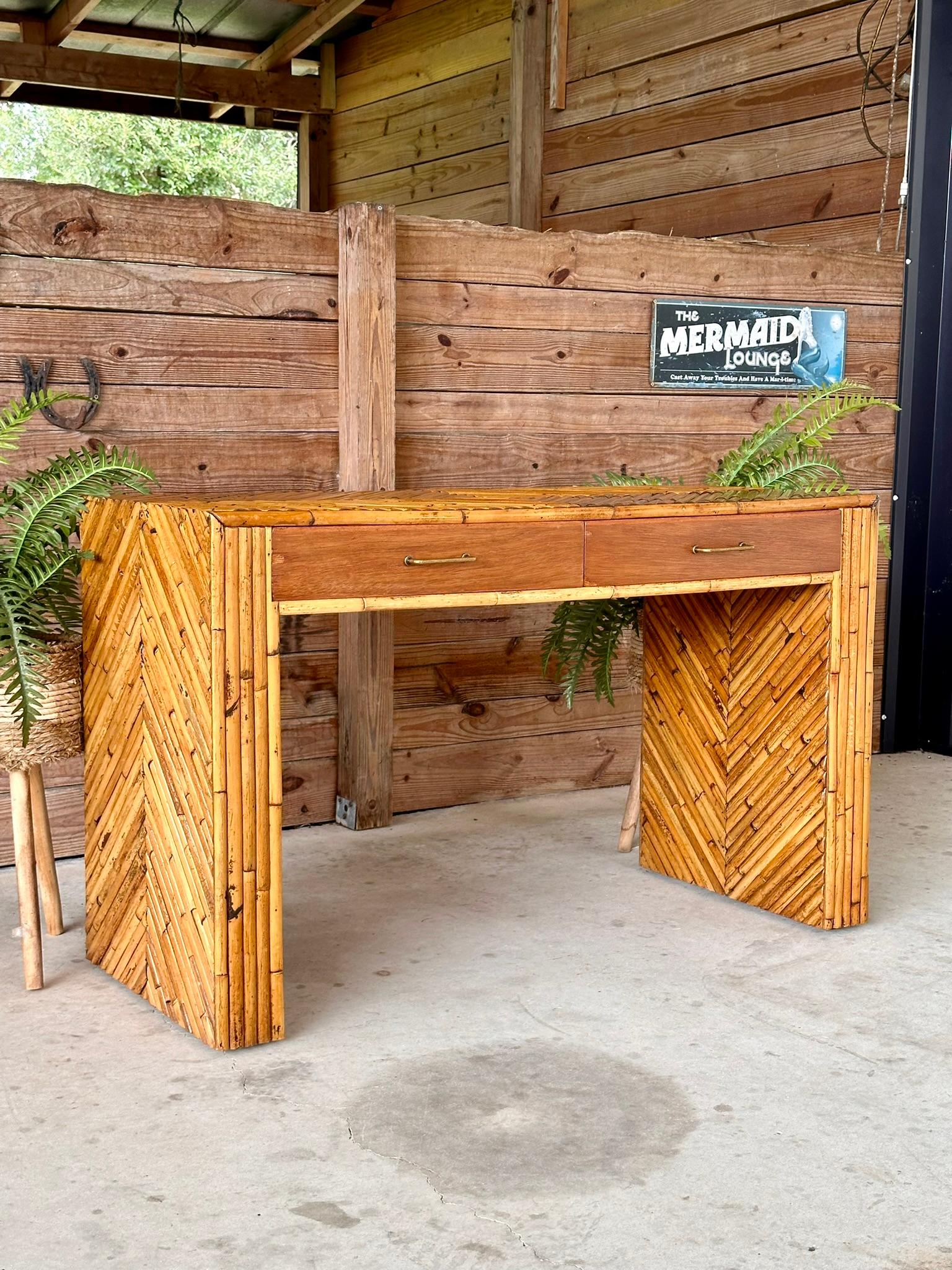 Mid-20th Century Refinished Split Rattan Chevron Two Drawer Floating Vanity For Sale 12