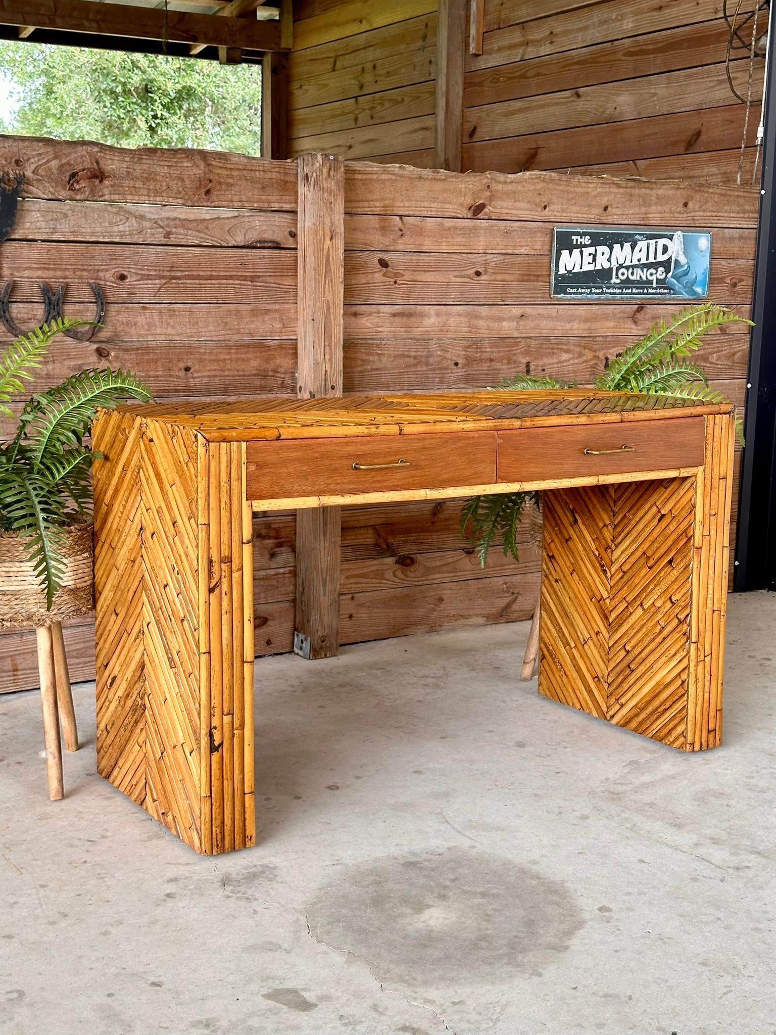 Mid-20th Century Refinished Split Rattan Chevron Two Drawer Floating Vanity For Sale 13