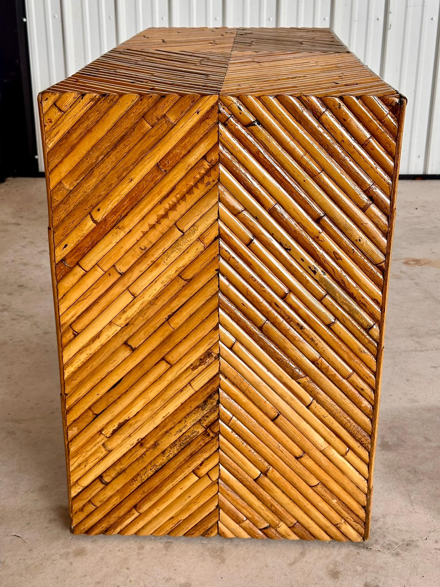 Mid-20th Century Refinished Split Rattan Chevron Two Drawer Floating Vanity For Sale 2