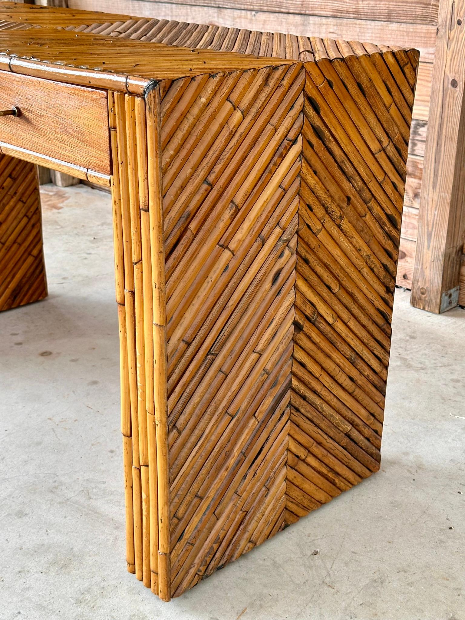 Mid-20th Century Refinished Split Rattan Chevron Two Drawer Floating Vanity For Sale 3