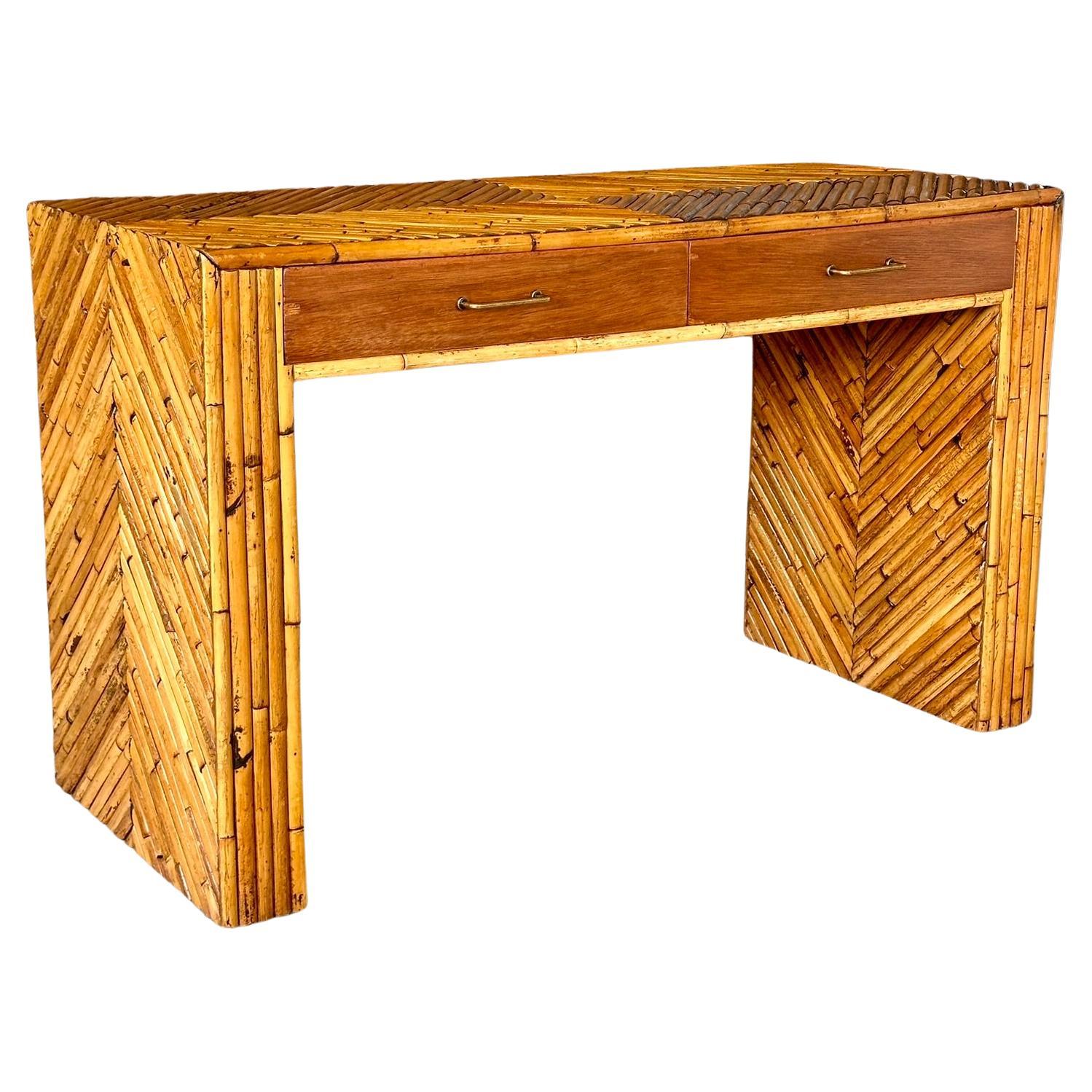 Mid-20th Century Refinished Split Rattan Chevron Two Drawer Floating Vanity For Sale