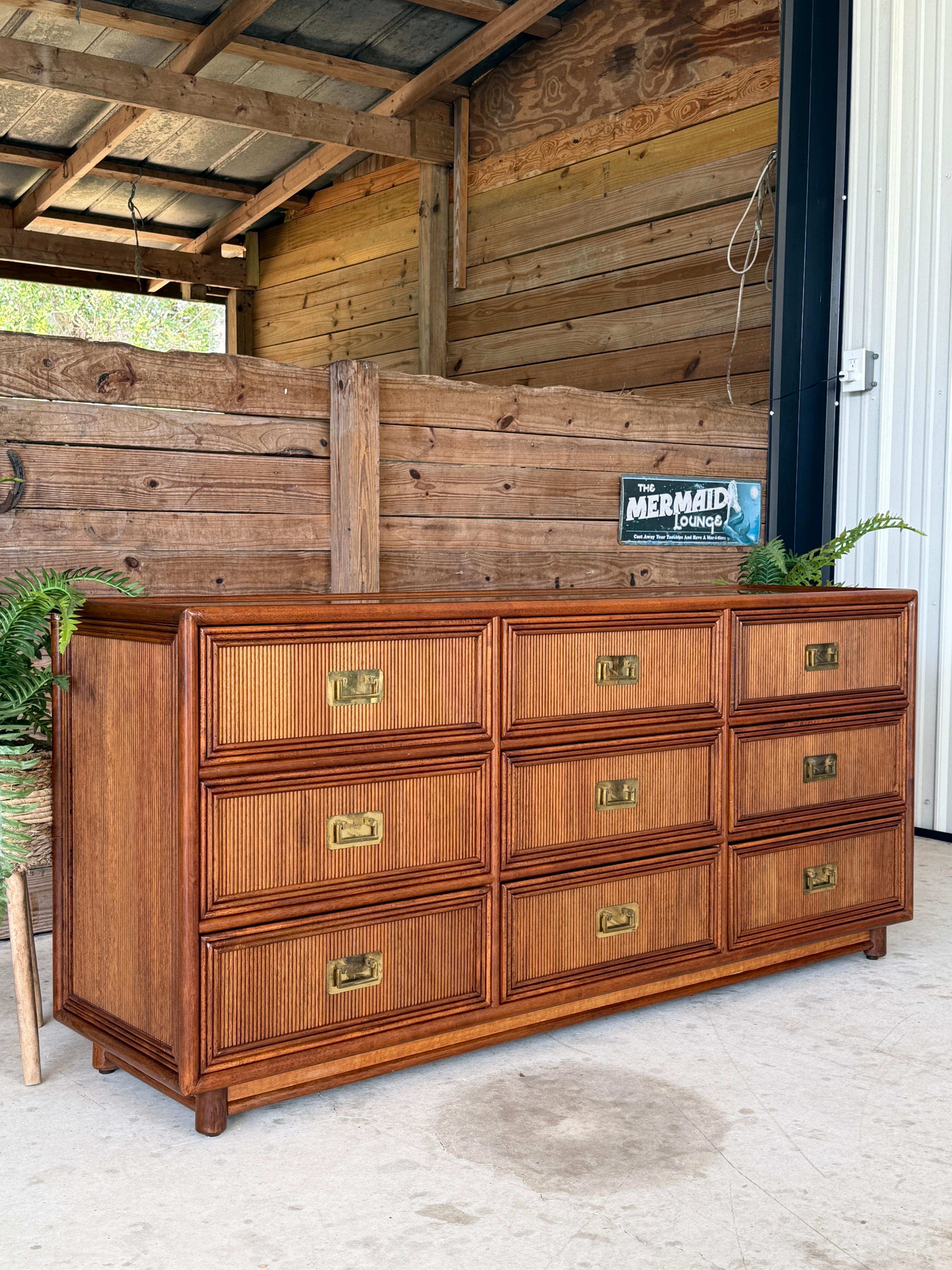 Mid-20th Century Regency Campaign Reed Wood Nine Drawer Dresser Sideboard 9