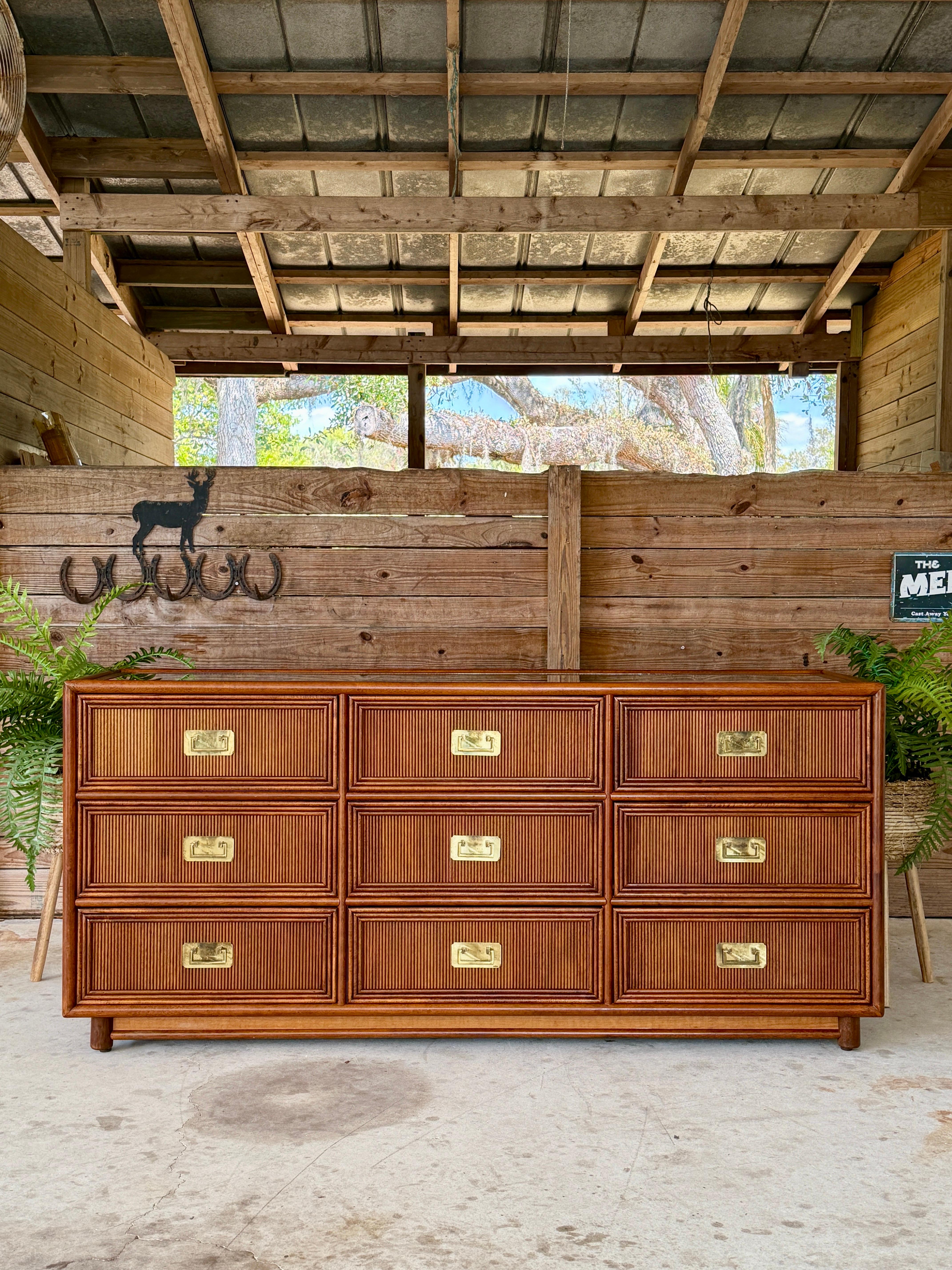 Mid-20th Century Regency Campaign Reed Wood Nine Drawer Dresser Sideboard 10