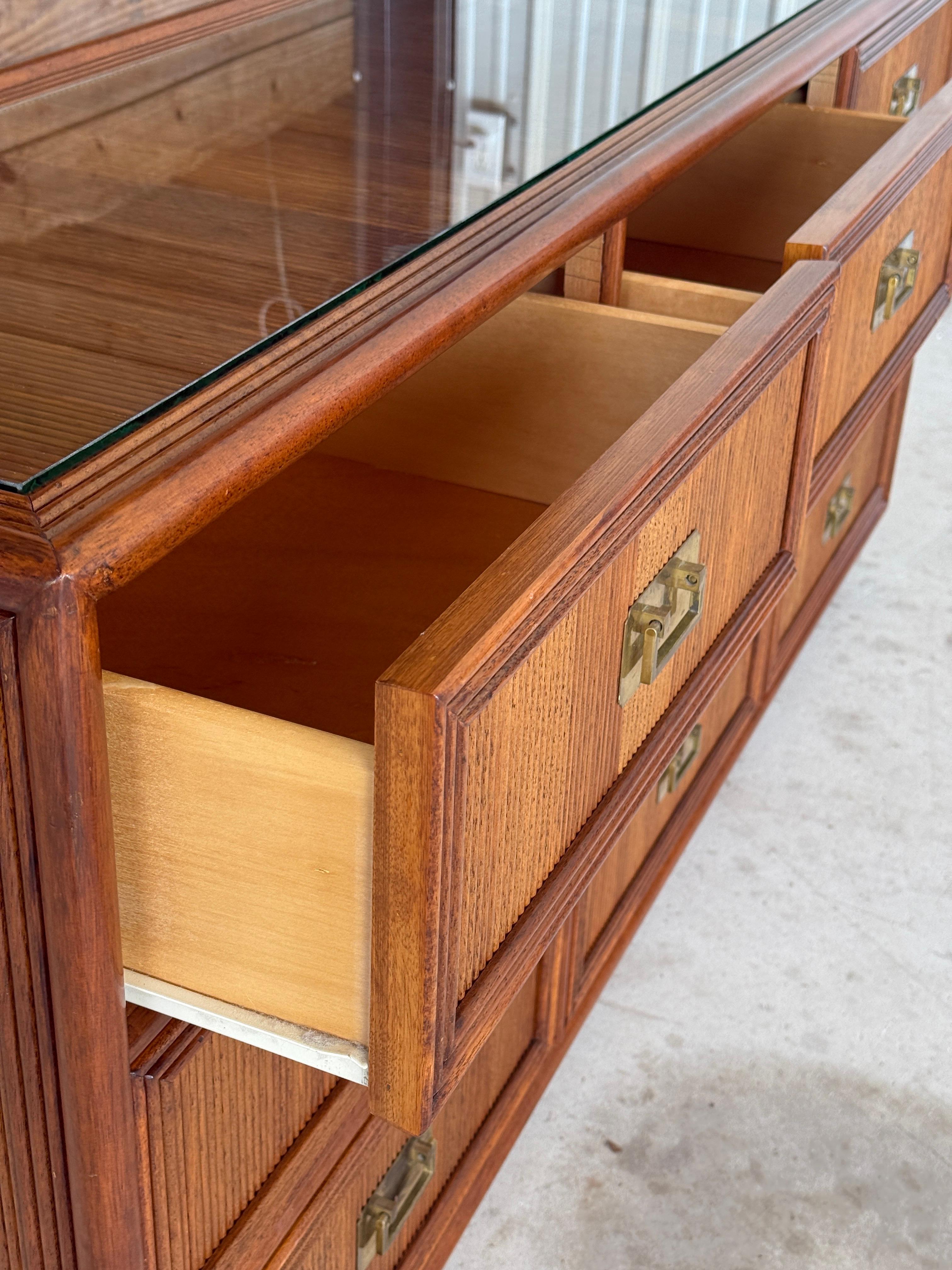 Mid-20th Century Regency Campaign Reed Wood Nine Drawer Dresser Sideboard In Good Condition In North Fort Myers, FL