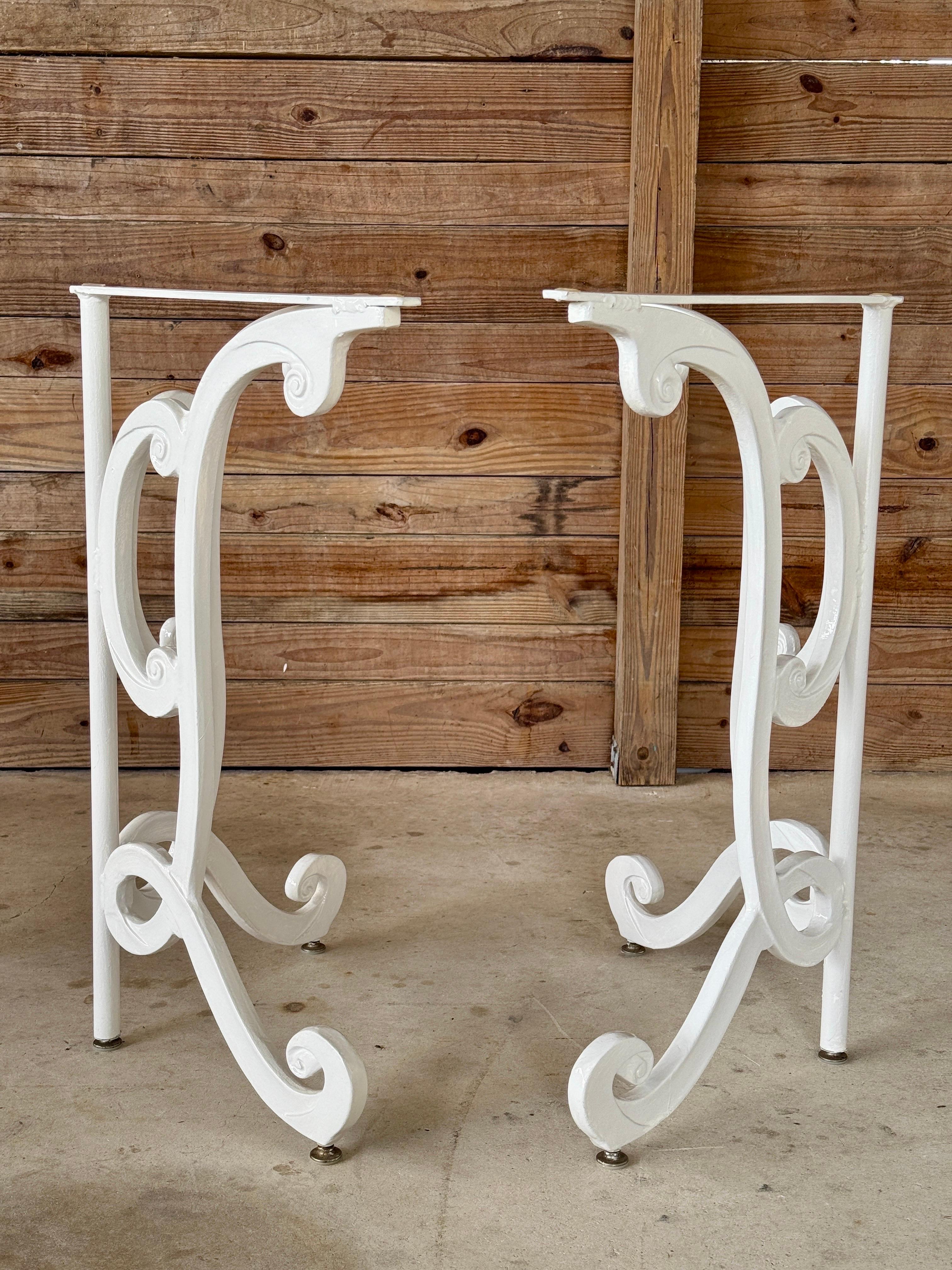 Hollywood Regency Mid-20th Century Regency White Painted Aluminum Scroll Table Bases – Pair For Sale