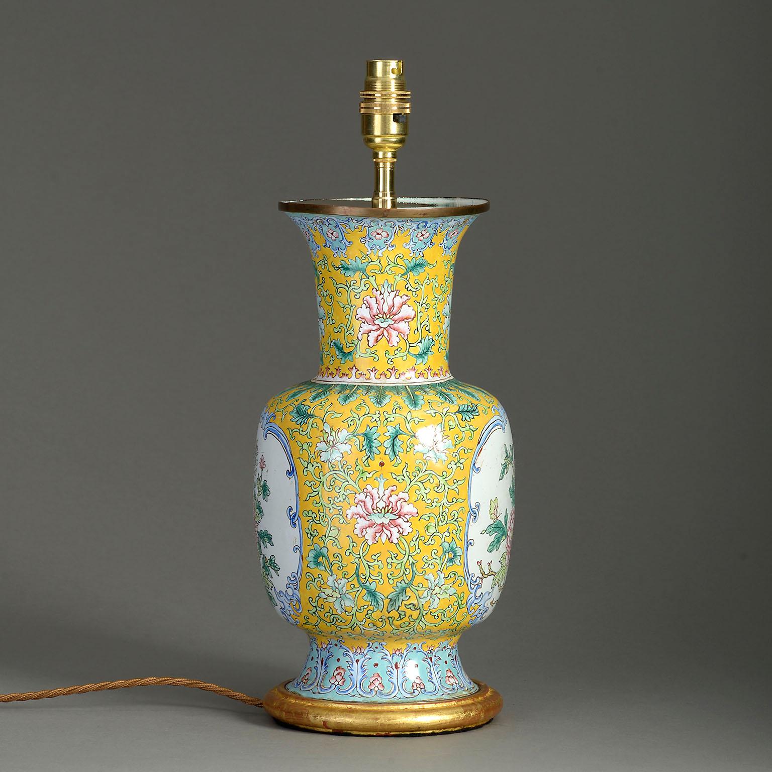 Chinese Export Mid-20th Century Republic Period Canton Enamel Vase Lamp
