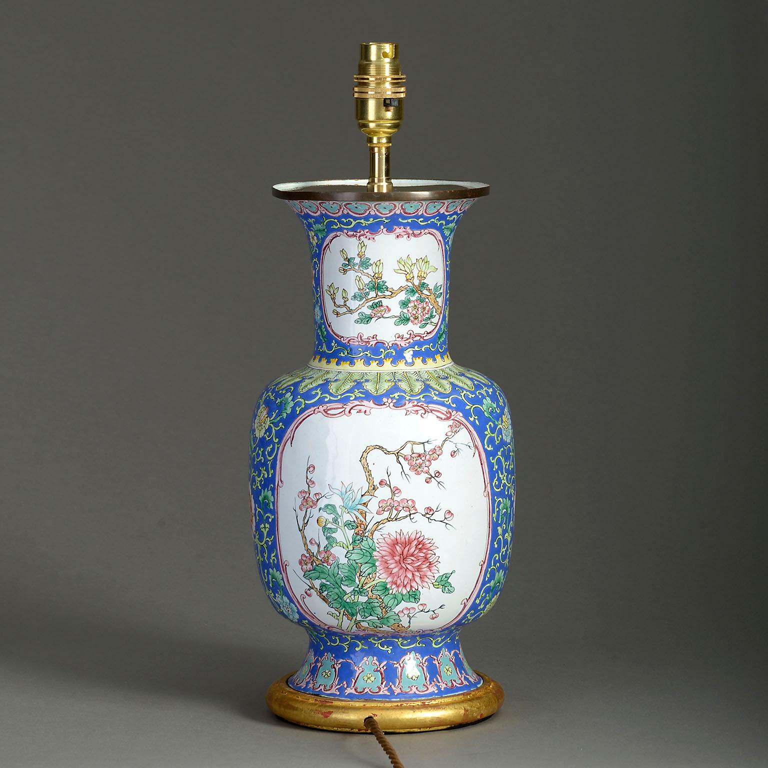 Chinese Mid-20th Century Republic Period Canton Enamel Vase Lamp