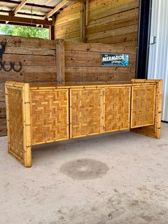 Mid-20th Century Restored Bamboo and Cane Basketweave Credenza