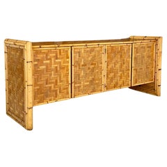 Vintage Mid-20th Century Restored Bamboo and Cane Basketweave Credenza