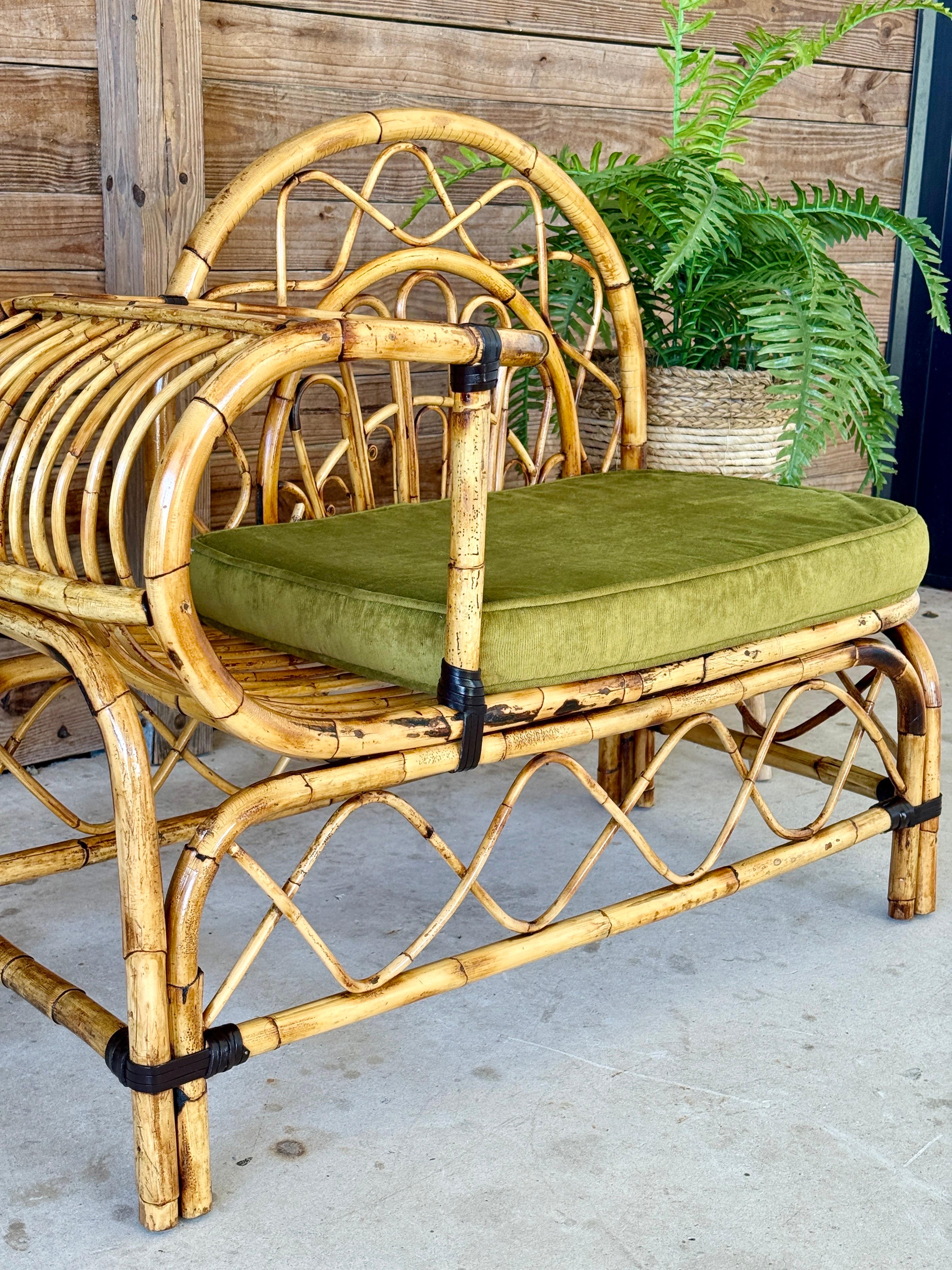 Organic Modern Mid-20th Century Restored Bent Rattan Telephone Settee With Smoked Glass Table For Sale