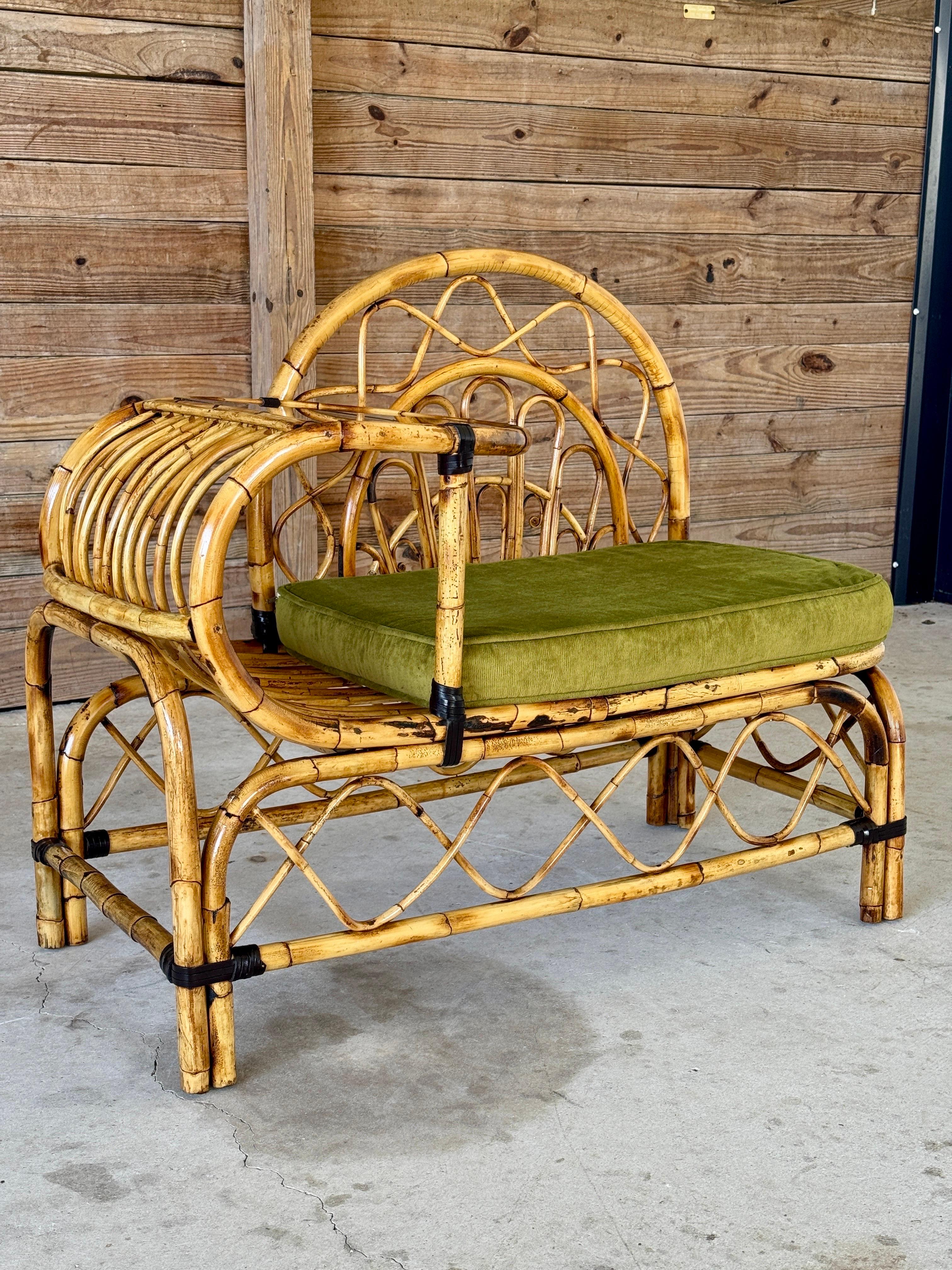 Hand-Crafted Mid-20th Century Restored Bent Rattan Telephone Settee With Smoked Glass Table For Sale