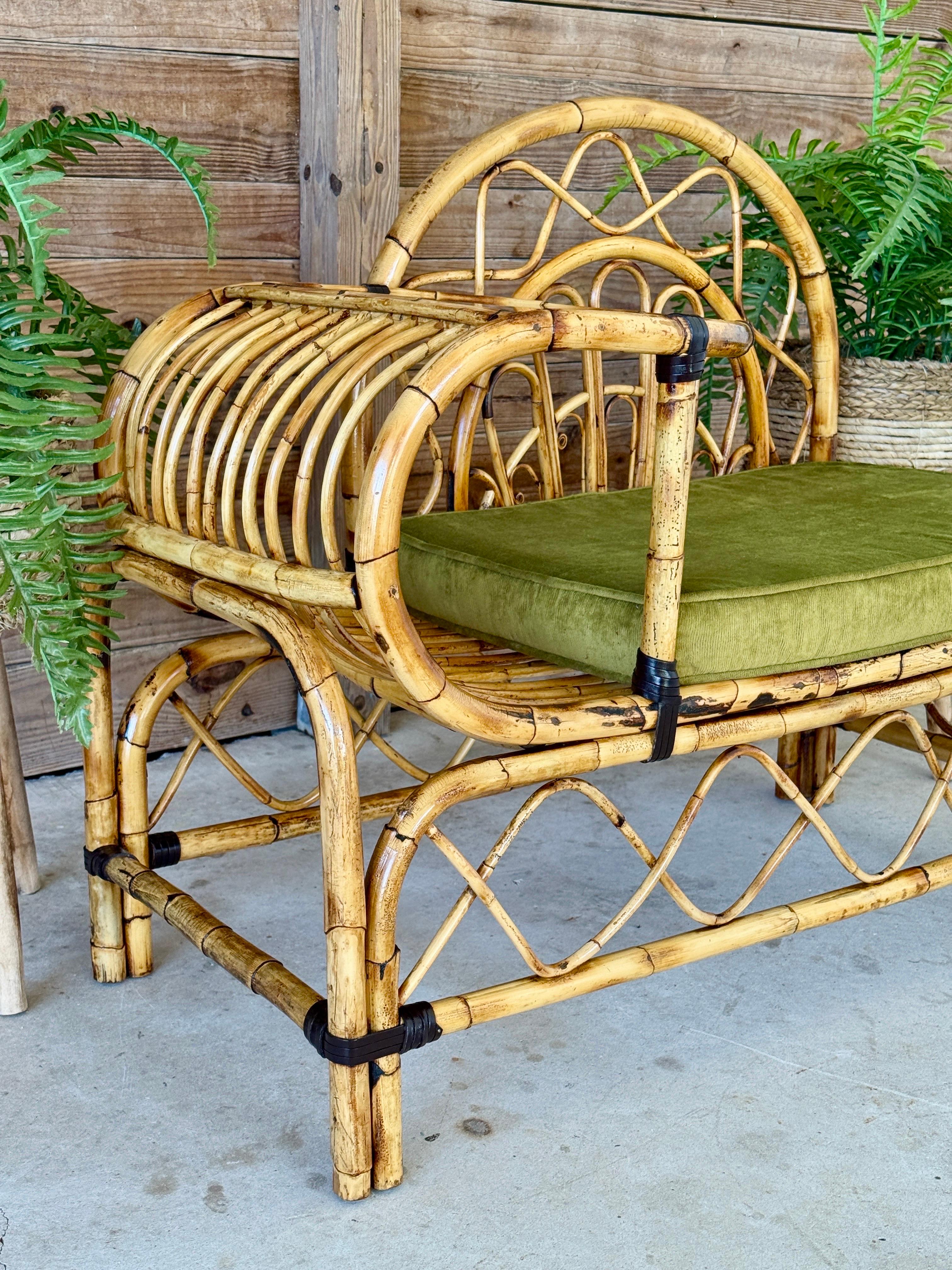 Leather Mid-20th Century Restored Bent Rattan Telephone Settee With Smoked Glass Table For Sale