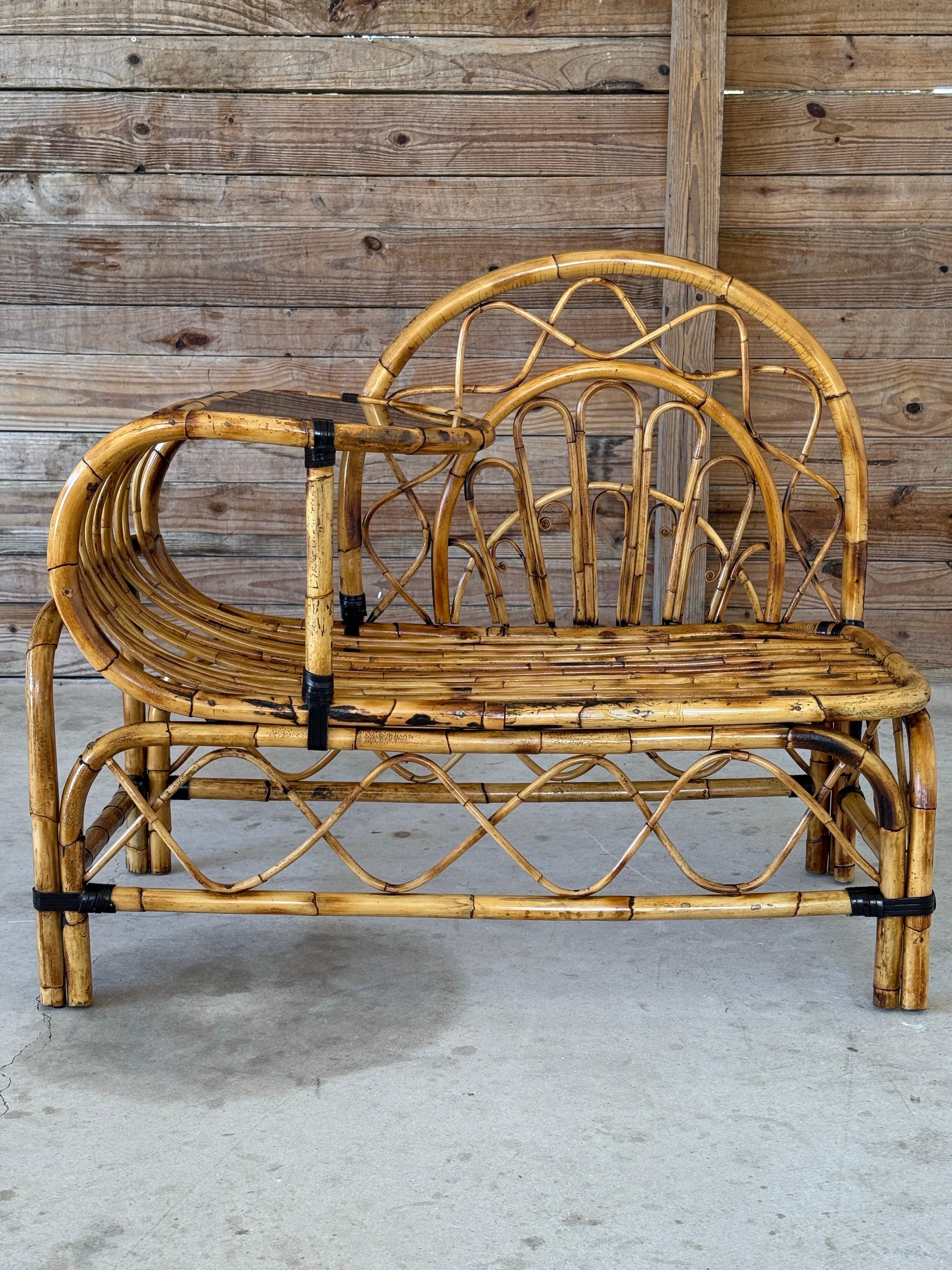 Mid-20th Century Restored Bent Rattan Telephone Settee With Smoked Glass Table For Sale 3