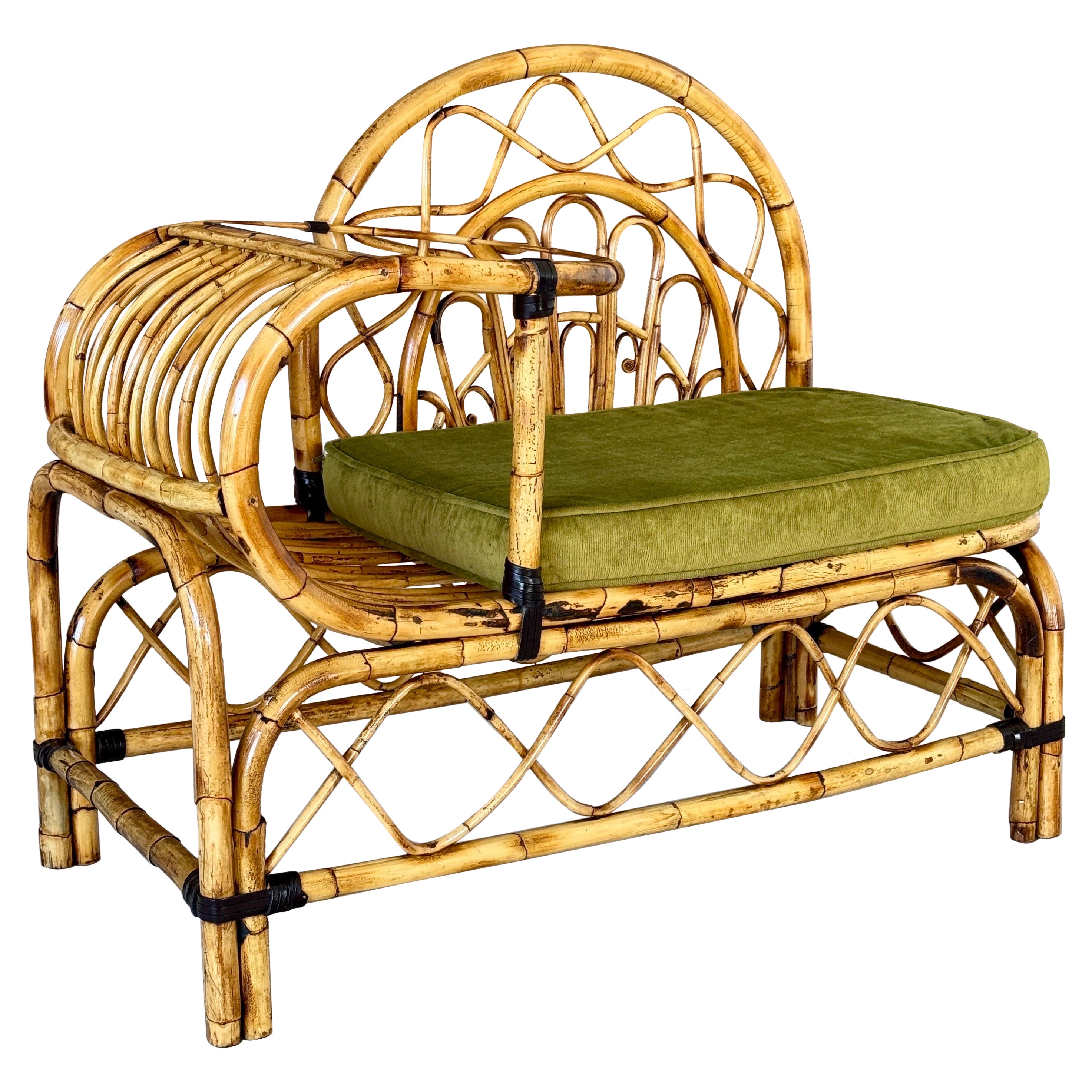 Mid-20th Century Restored Bent Rattan Telephone Settee With Smoked Glass Table For Sale