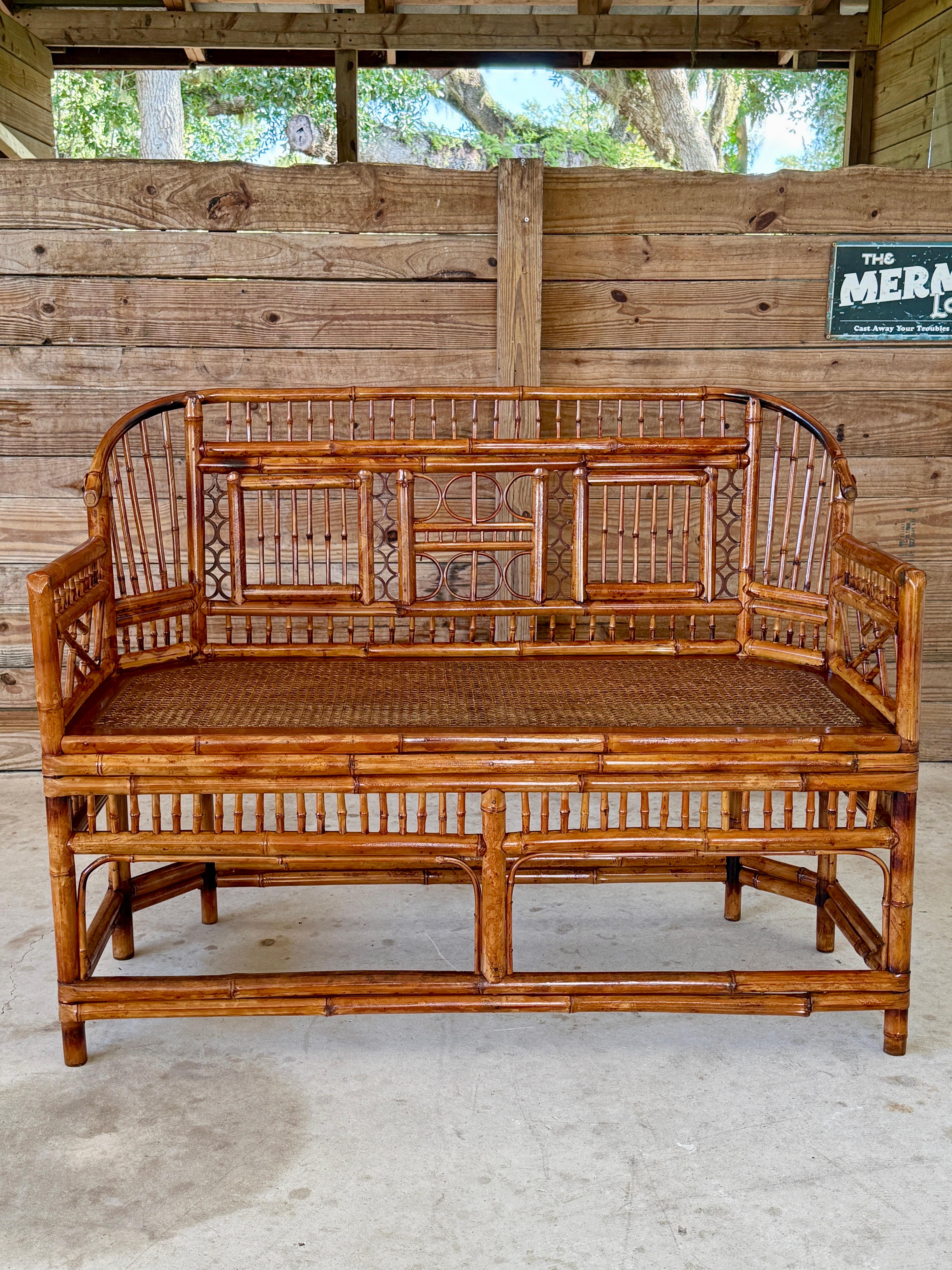 Mid-20th Century Restored Coastal Brighton Pavilion Bamboo and Cane Settee For Sale 8