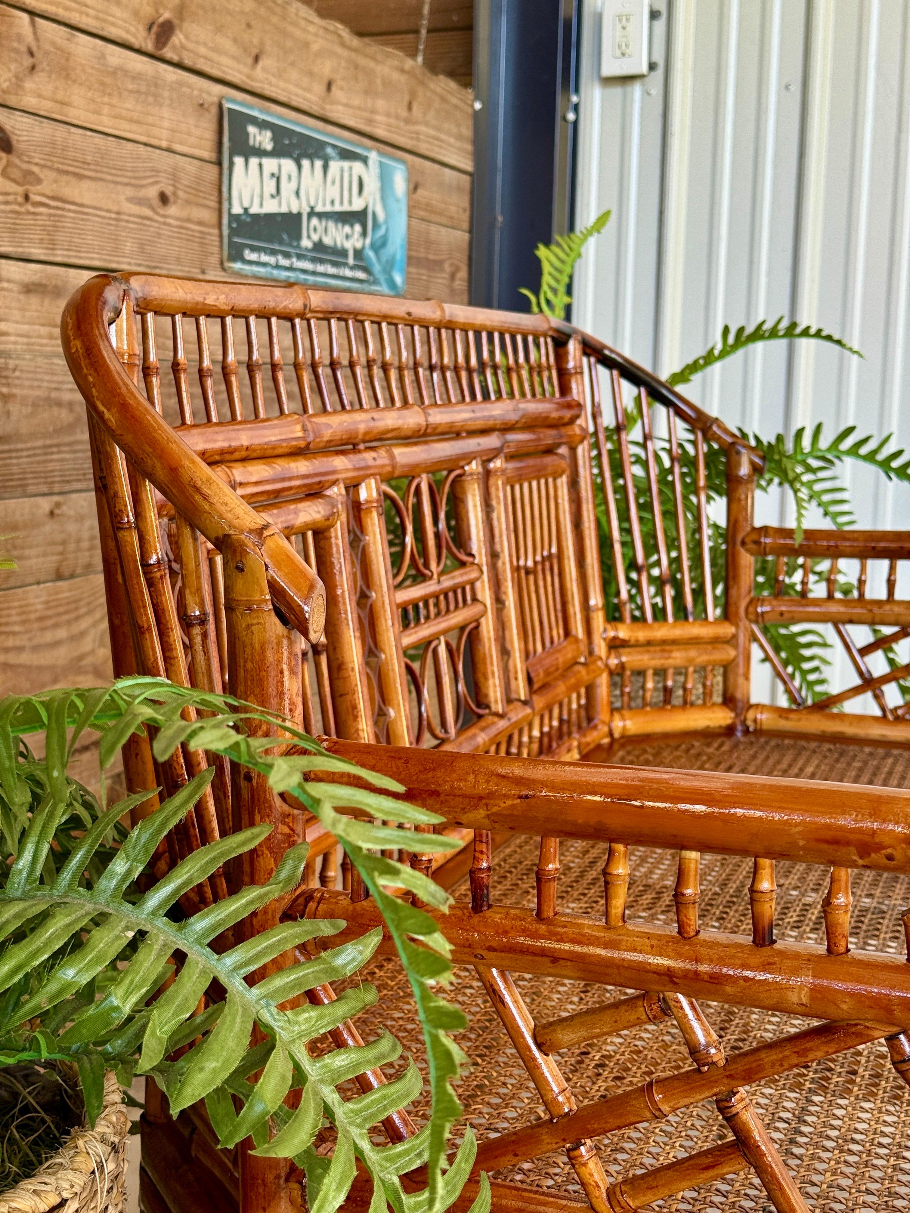 Mid-20th Century Restored Coastal Brighton Pavilion Bamboo and Cane Settee For Sale 9