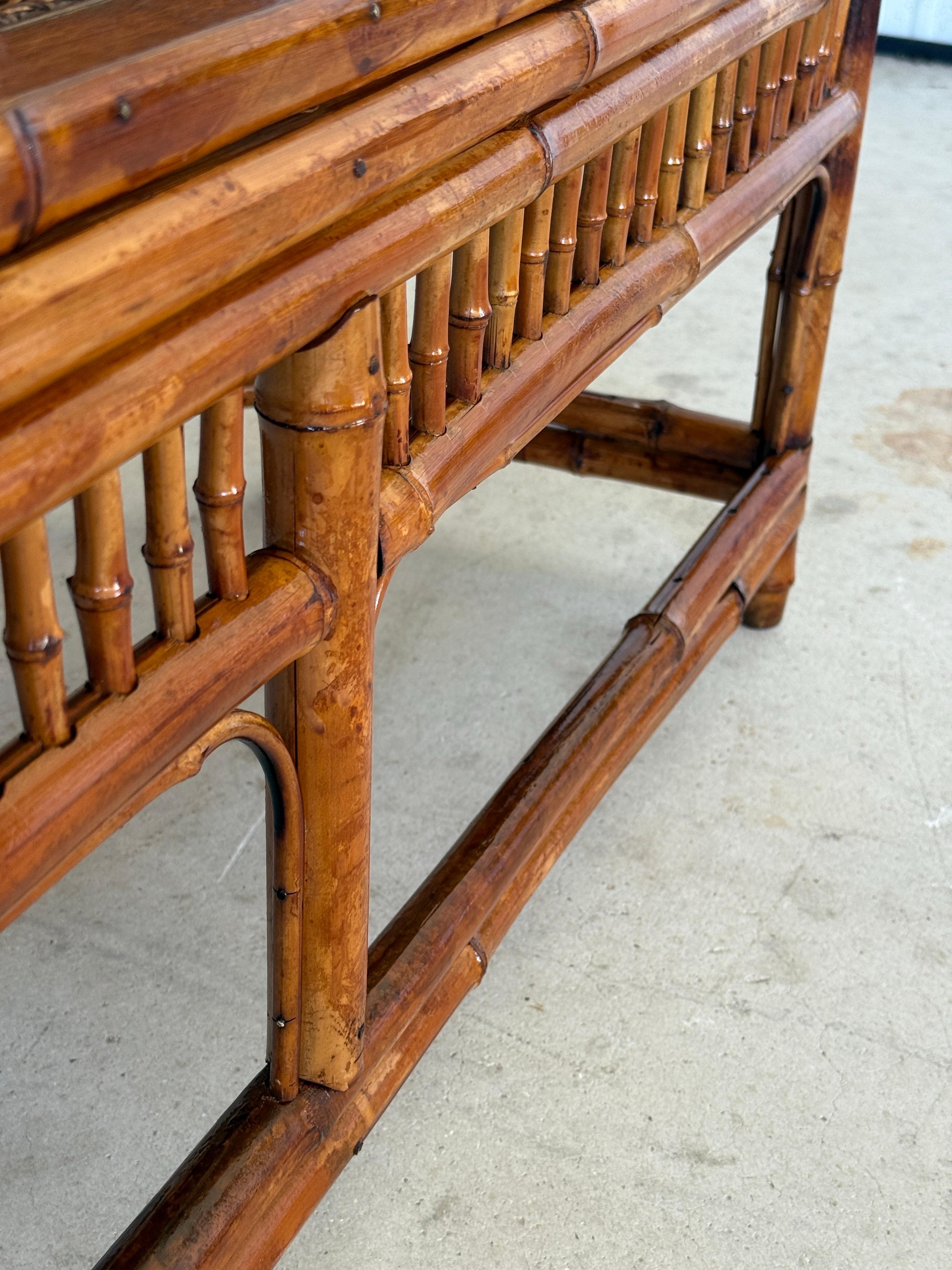 British Colonial Mid-20th Century Restored Coastal Brighton Pavilion Bamboo and Cane Settee For Sale
