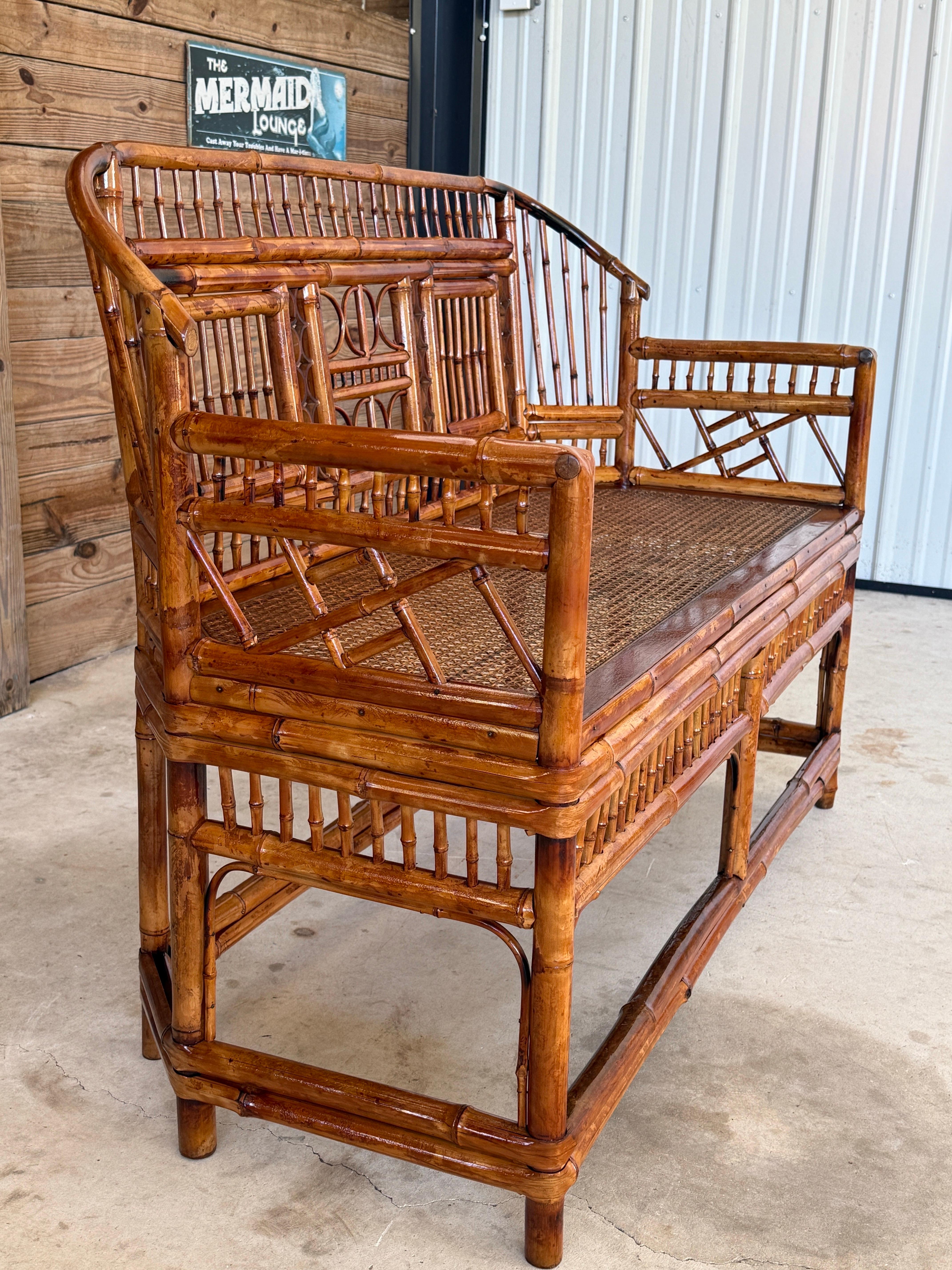 Hand-Crafted Mid-20th Century Restored Coastal Brighton Pavilion Bamboo and Cane Settee For Sale