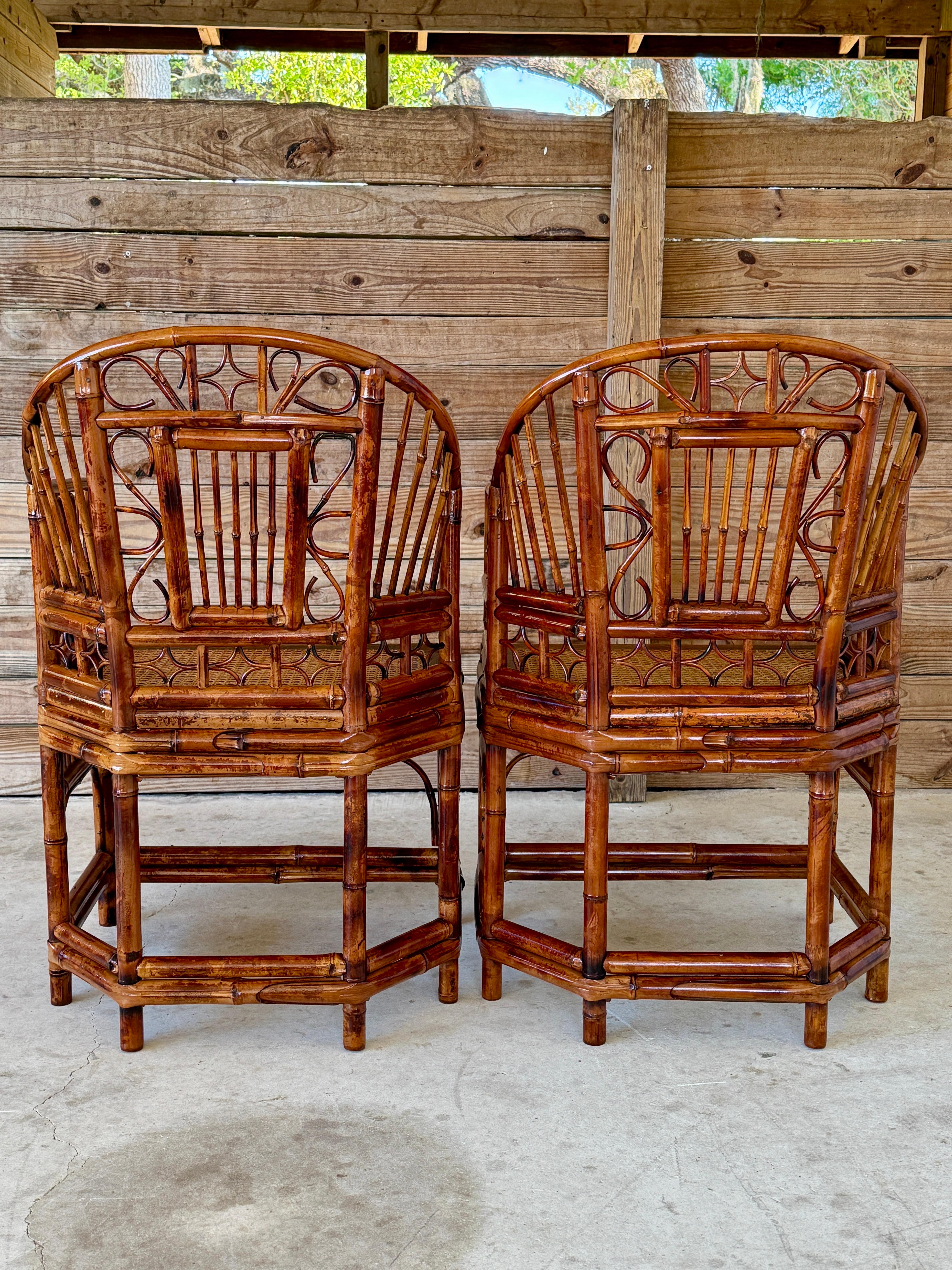 British Colonial Mid-20th Century Restored Coastal Brighton Pavilion Bamboo Cane Side Chairs-Pair