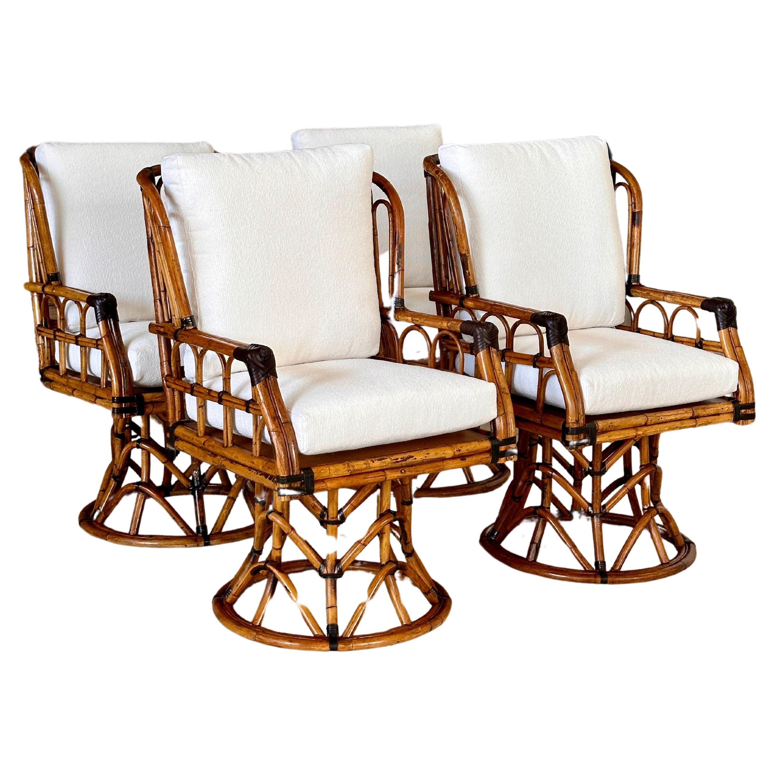 Mid-20th Century Restored Custom Upholstered Rattan Swivel Arm Dining Chairs