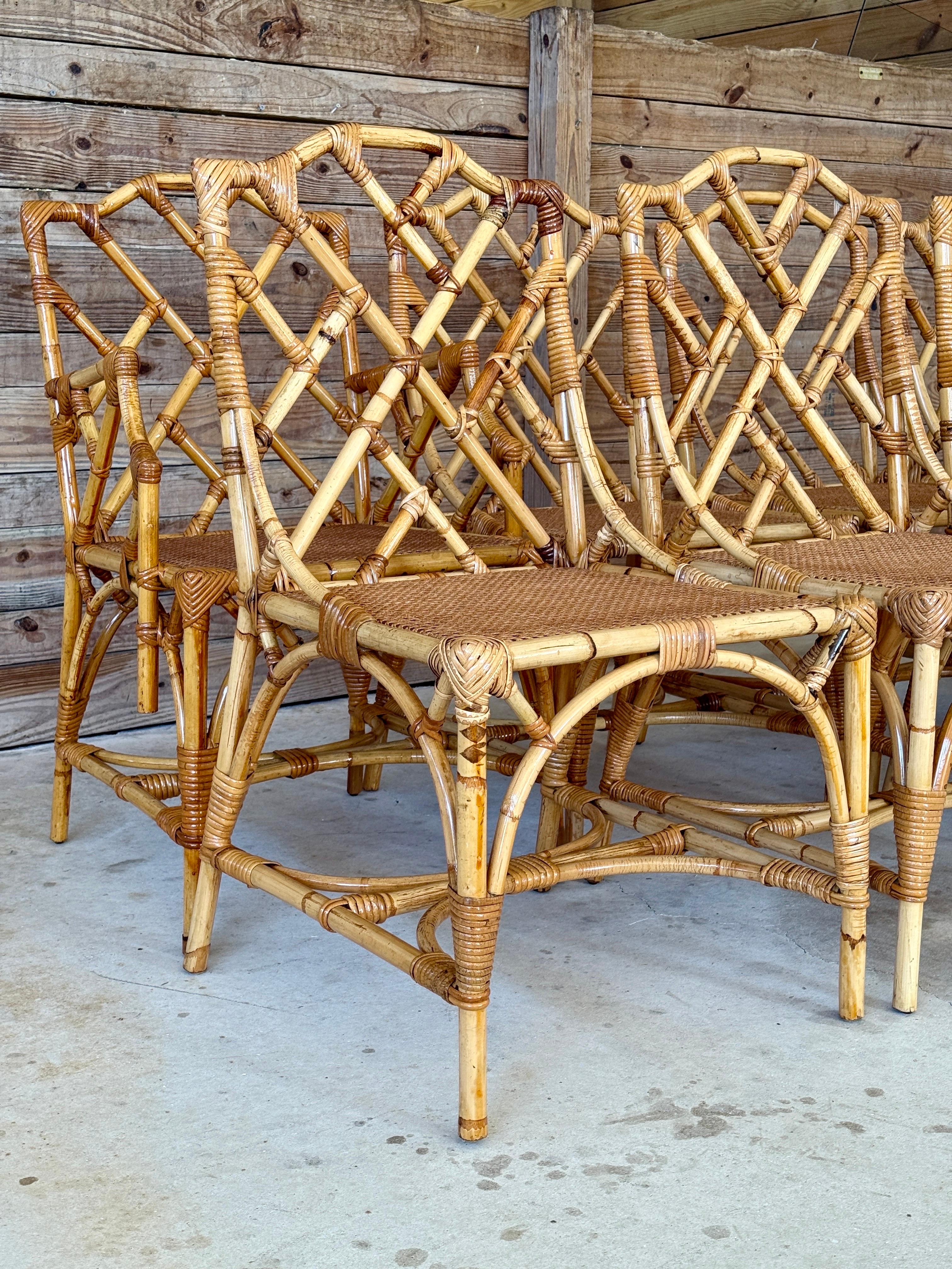 Mid-20th Century Restored Italian Rattan Chippendale Dining Chairs Set of Eight im Angebot 6
