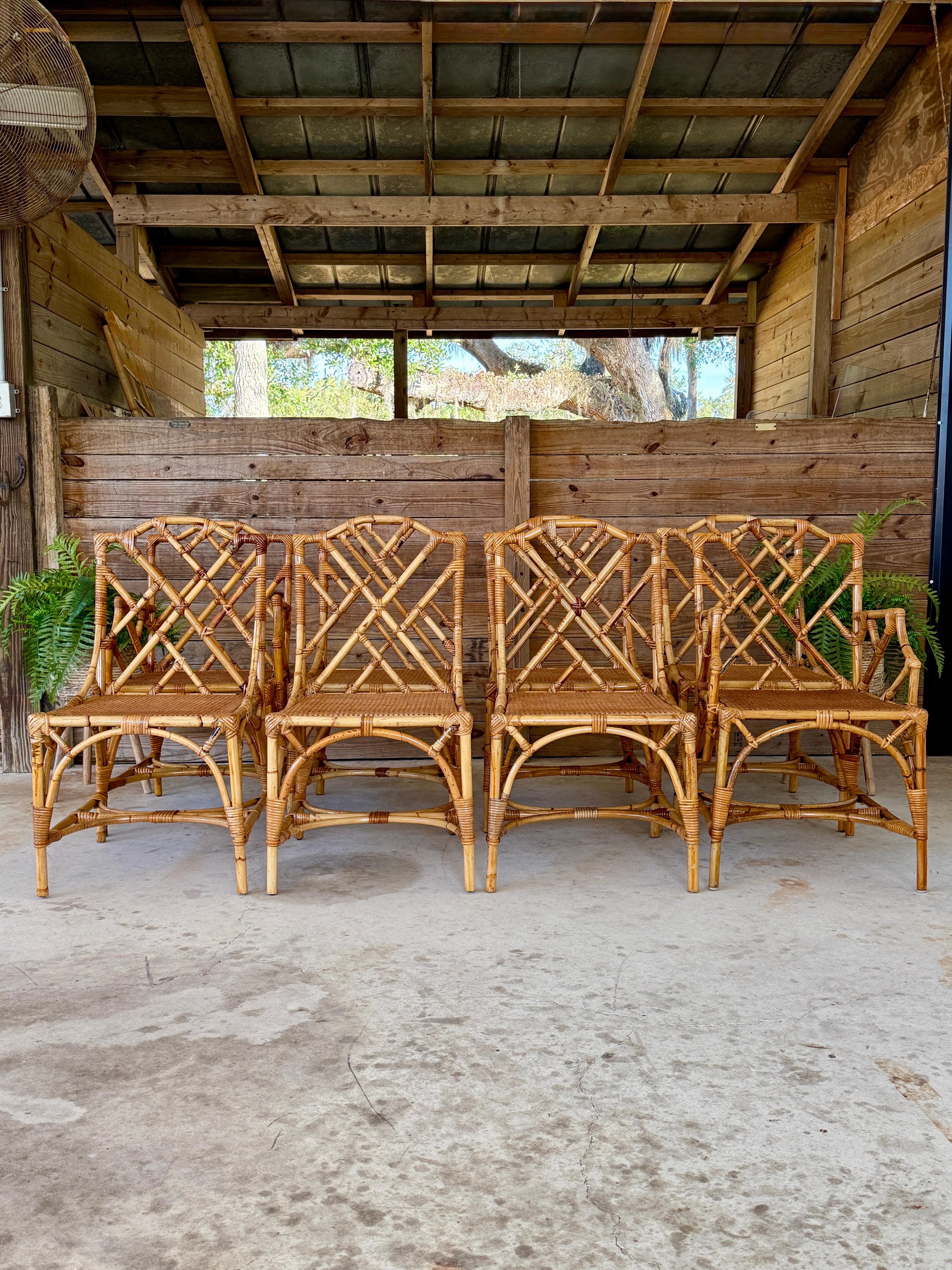 Mid-20th Century Restored Italian Rattan Chippendale Dining Chairs Set of Eight im Angebot 7