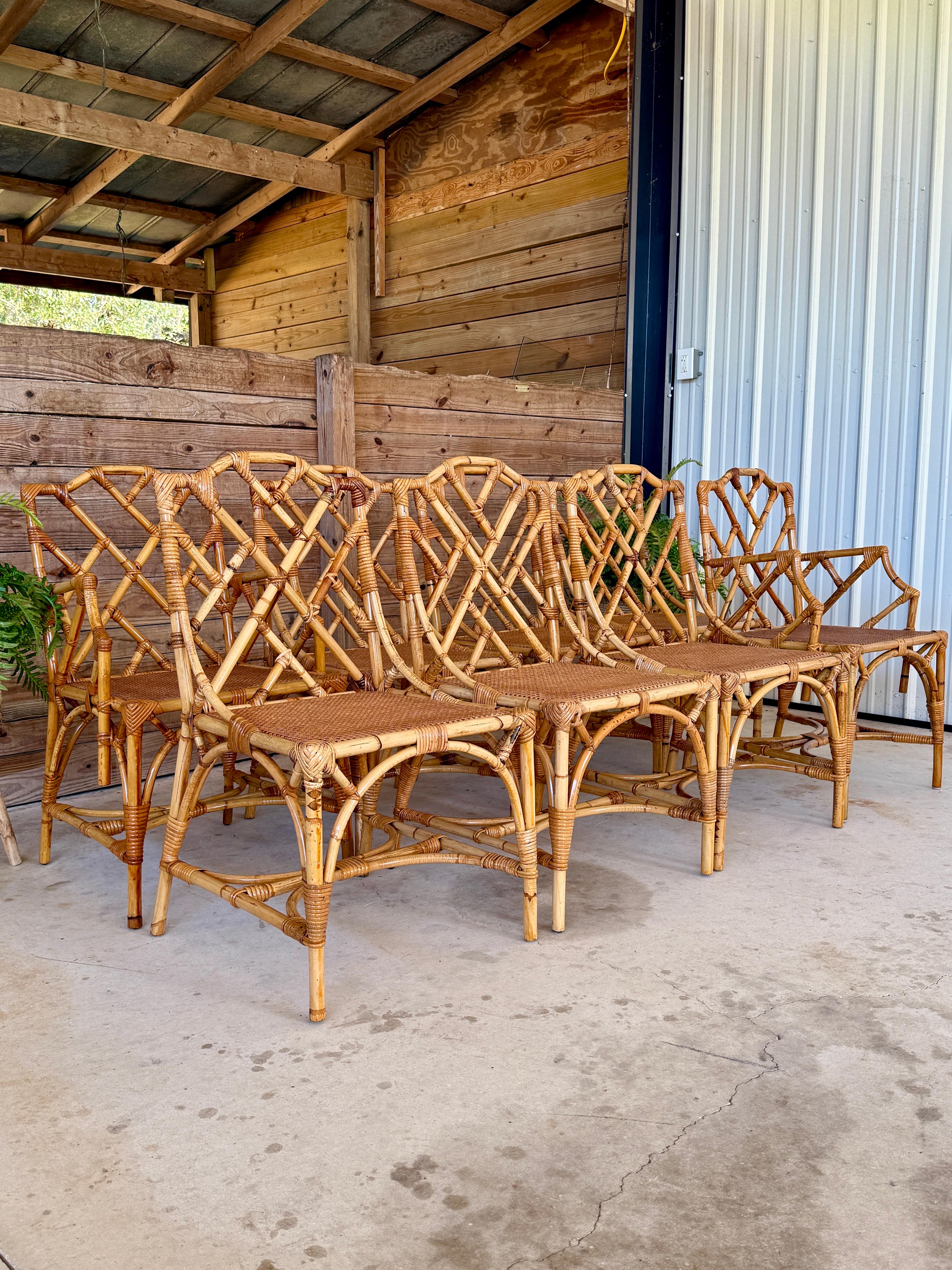 Mid-20th Century Restored Italian Rattan Chippendale Dining Chairs Set of Eight im Angebot 8
