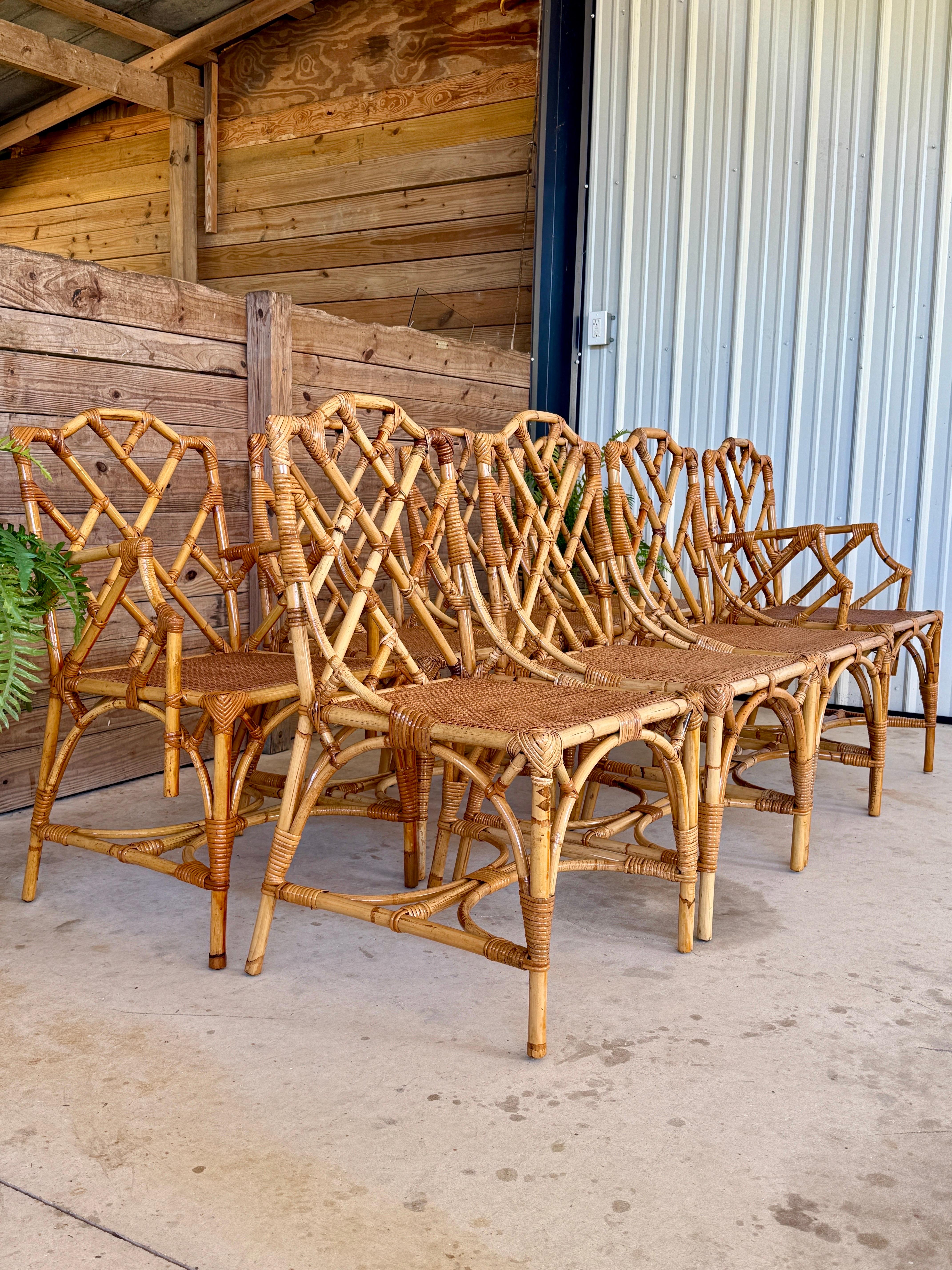 Mid-20th Century Restored Italian Rattan Chippendale Dining Chairs Set of Eight im Angebot 10