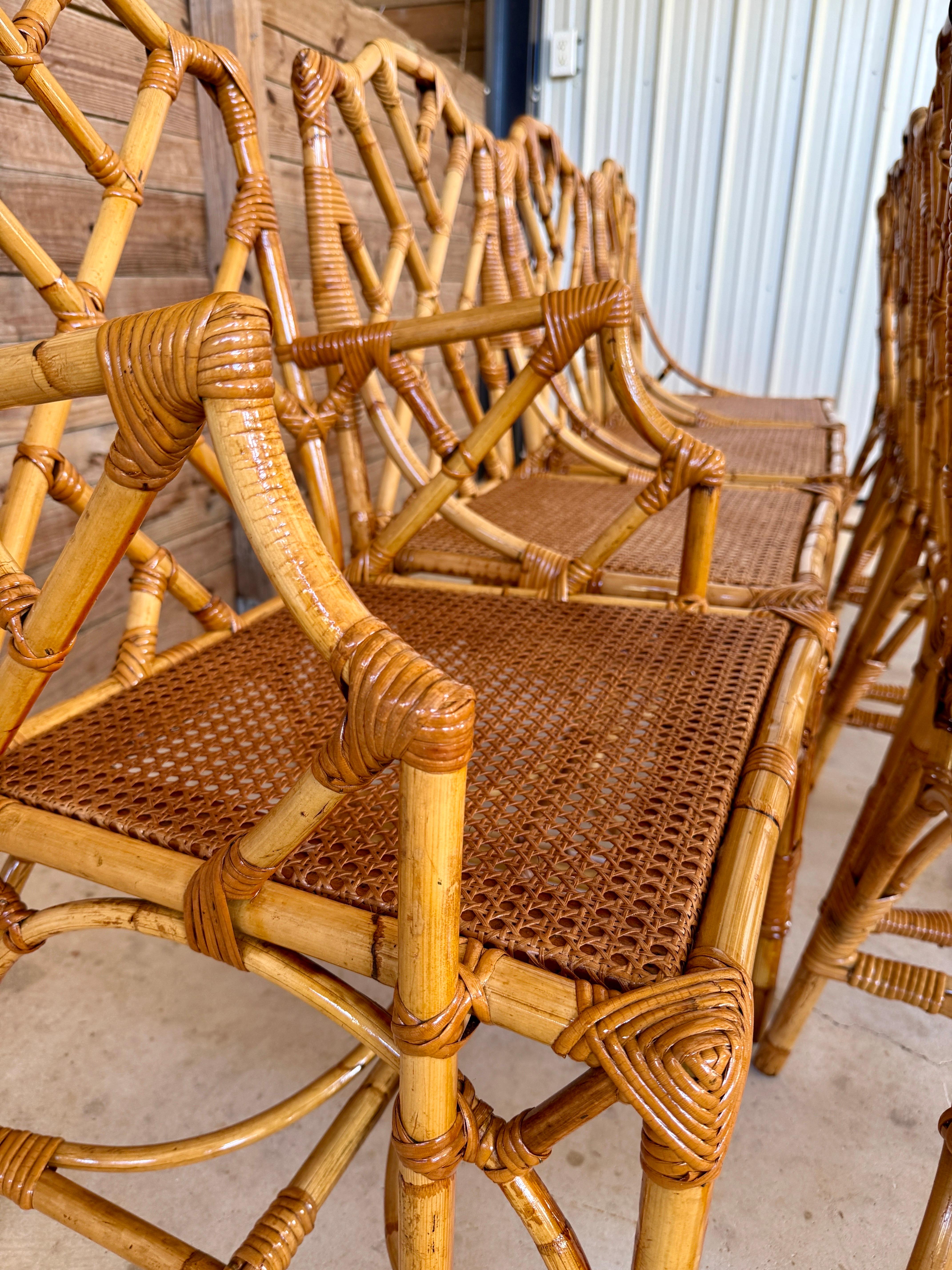 Mid-20th Century Restored Italian Rattan Chippendale Dining Chairs Set of Eight (Gehstock) im Angebot